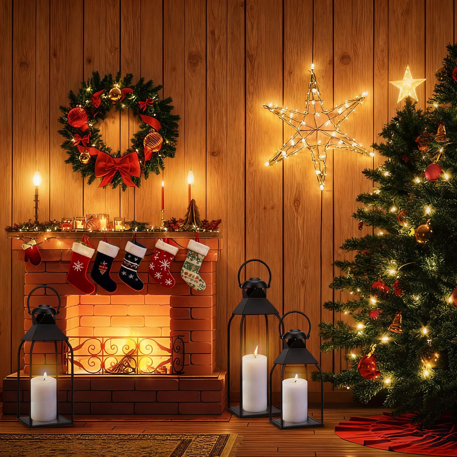 Gugxiom Farolillos de metal para interior y exterior, juego de 3 farolillos de jardín negros, sin cristal, para salón, terraza, balcón, decoración de boda de Navidad en interiores (44 + 35 + 25 cm)