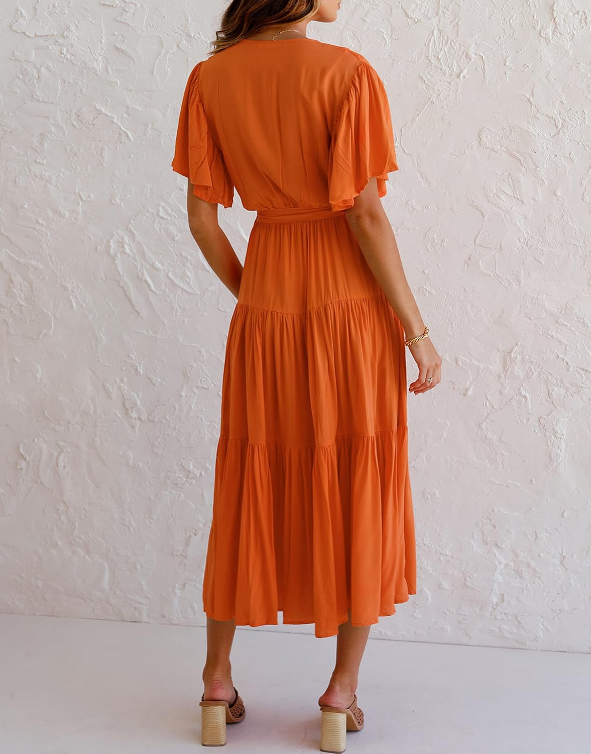 R.Vivimos Summer Dress for Women Cotton Ruffle Short Sleeves V Neck Casual Flowy Midi Dress with Belt - Image 2