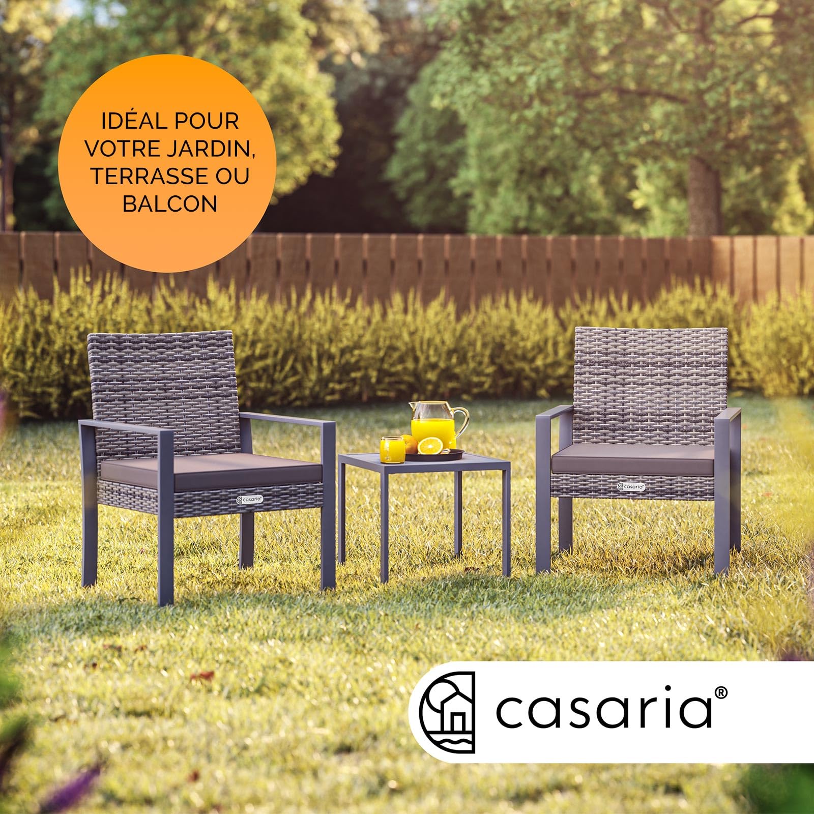 Casaria® Salon de Jardin Gris WPC en polyrotin 2 chaises 1 Table Pieds réglables Résistant aux intempéries Balcon Meubles Lounge Set