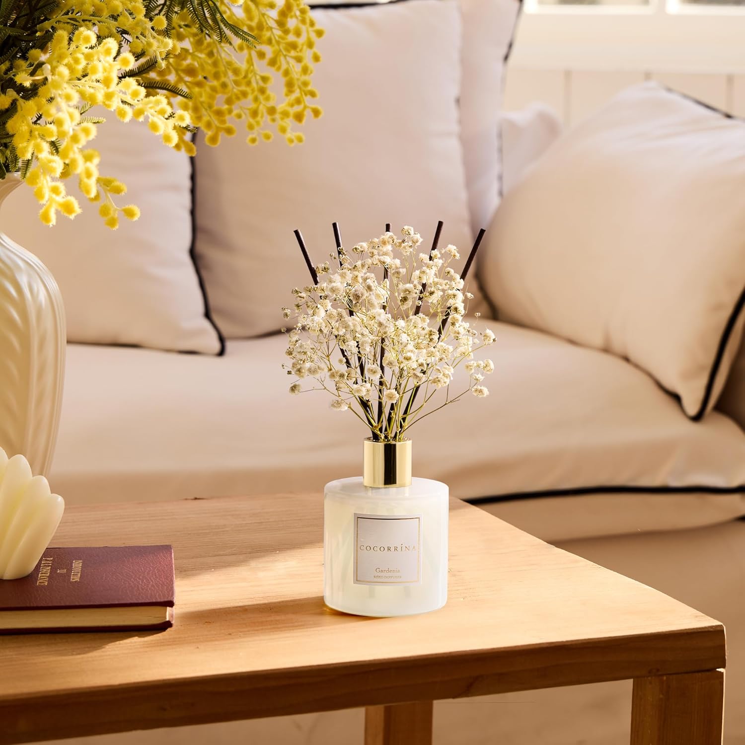 COCORRÍNA Reed Diffuser - Gardenia 6.7 Fl.oz Reed Diffuser Set with Sticks & Preserved Baby's Breath, Reed Diffuser for Home Bathroom Shelf Decor - Image 5