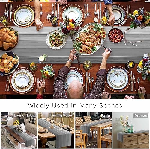 Miniatura 121 de Camino de mesa de algodón y lino estilo granja rústico retro, textura de madera de granero, color degradado marrón y gris, antideslizante,