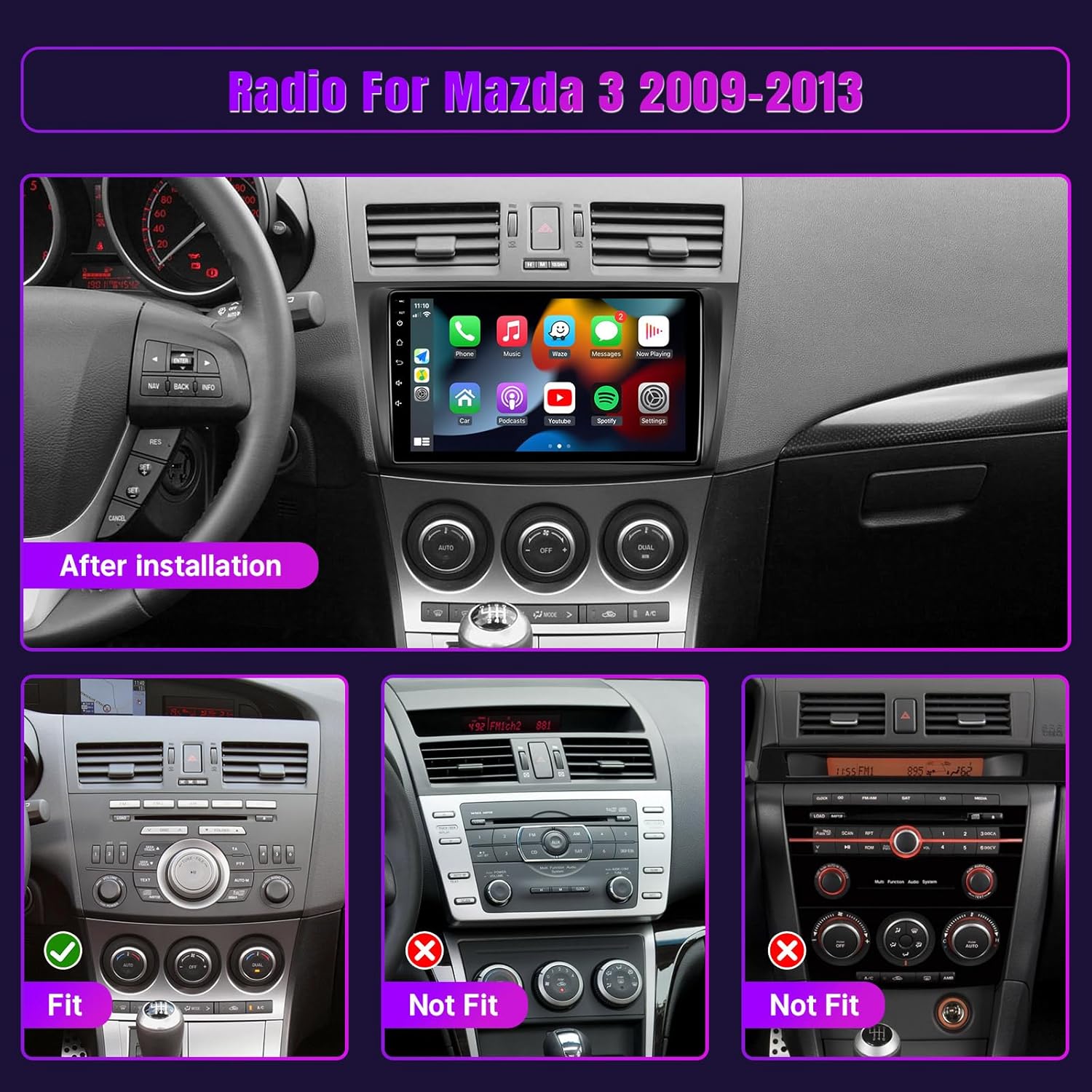 Comparison of Mazda 3 dashboards showing compatible and incompatible console designs for the car stereo installation.