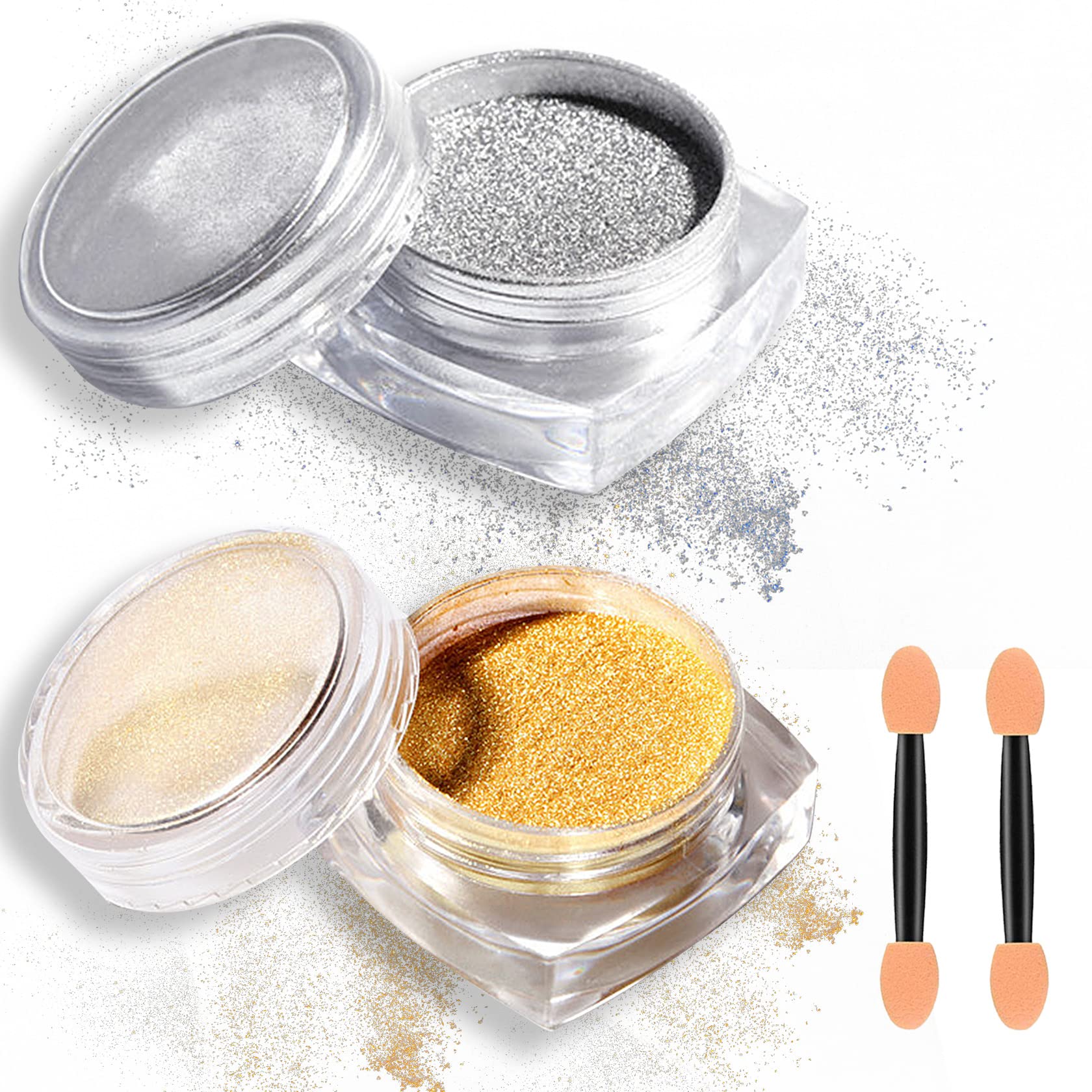 Gold & Silver Chrome Nail Powder - Holographic Metallic Art Glitter with Mirror Effect & Sponge Stick