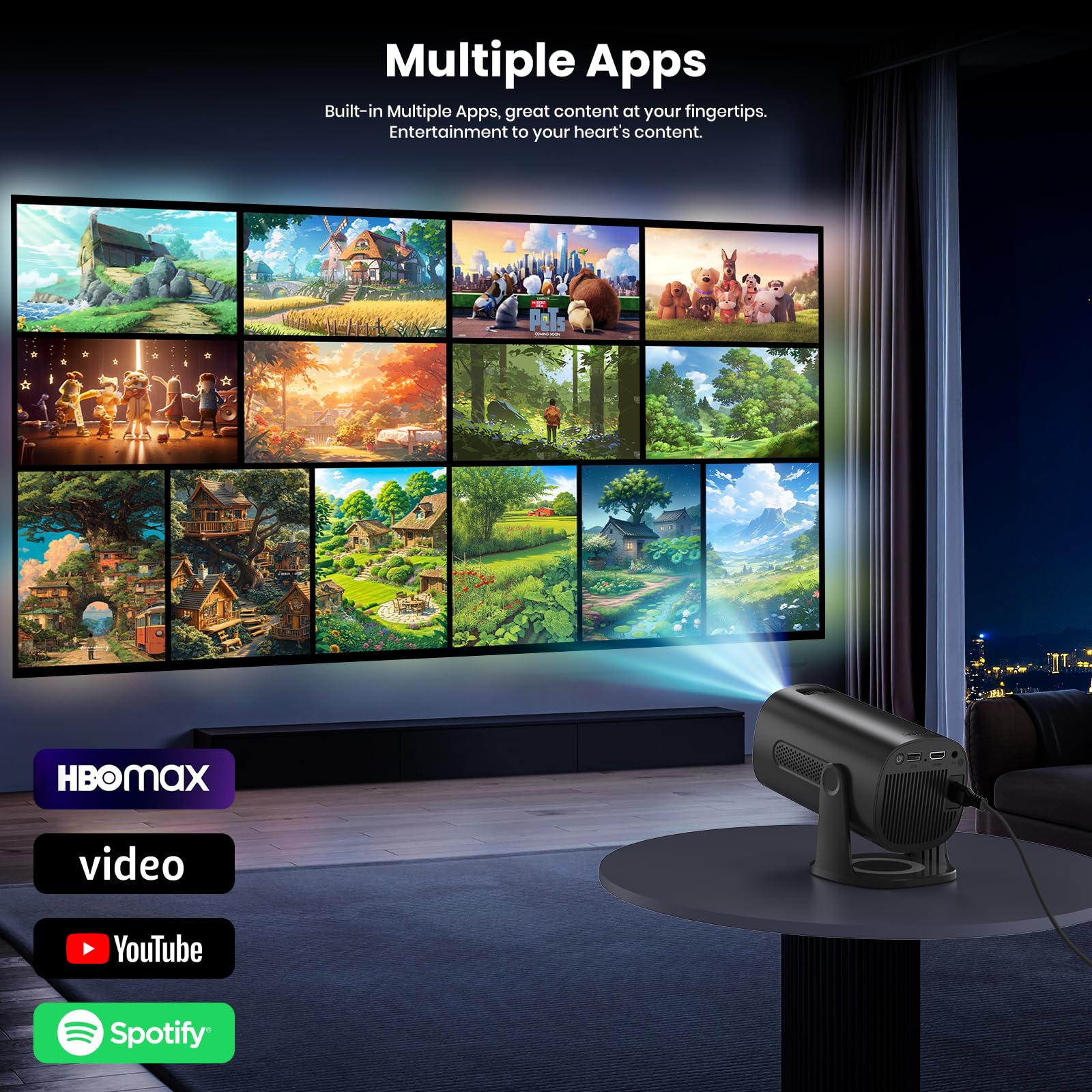 [Apps integrate & Modalità Stella] Mini Proiettore Support 4K 1080P con Modalità Stella Proiettore con Apps e Android TV OS Auto Keystone WiFi 6 BT5.2, Compatible con TV Stick/USB/HDMI,Nero