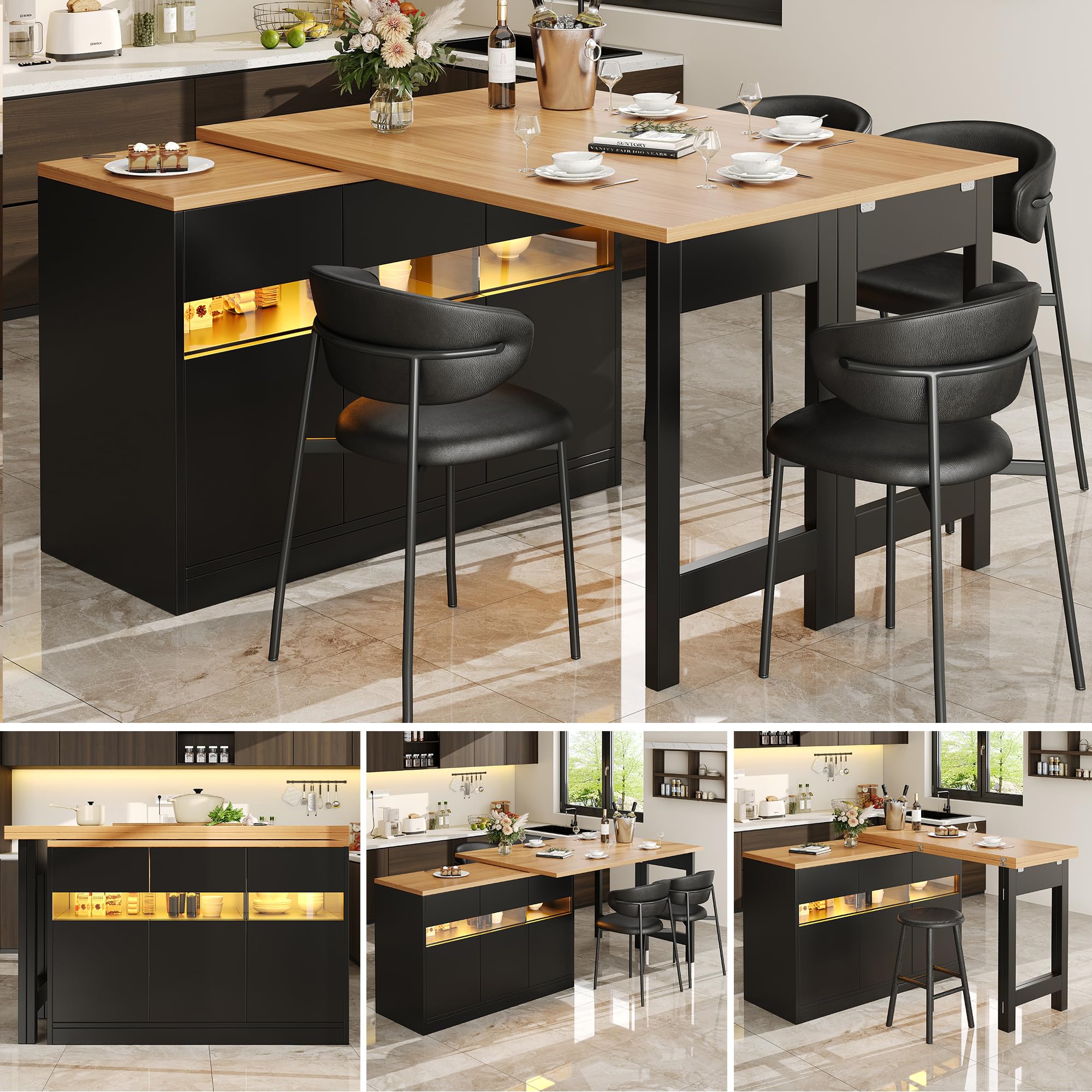 Sapgaks - Mesa de bar extensible, isla de cocina y mesa de comedor extensible, con iluminación LED y rotación de 360°, longitud ajustable entre 120 y 180 cm, e incluye espacio de almacenamiento.