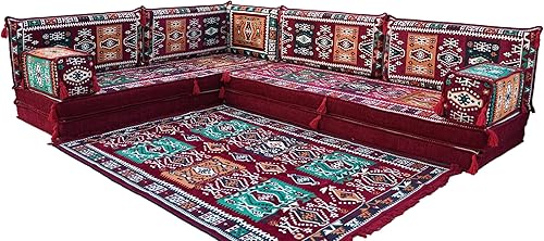 Miniatura 9 de arabicsofa Sofá de piso árabe granate en forma de L - Juego de asientos modulares de esquina para habitación de invitados