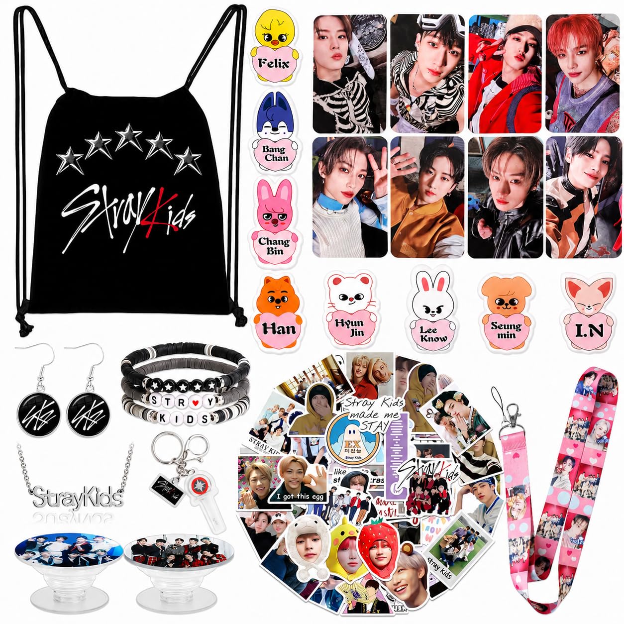K-POP Strayk Kids グッズセット Japior Stray Gifts Set,Including Drawstring Bag, 8 Cartoon Badges