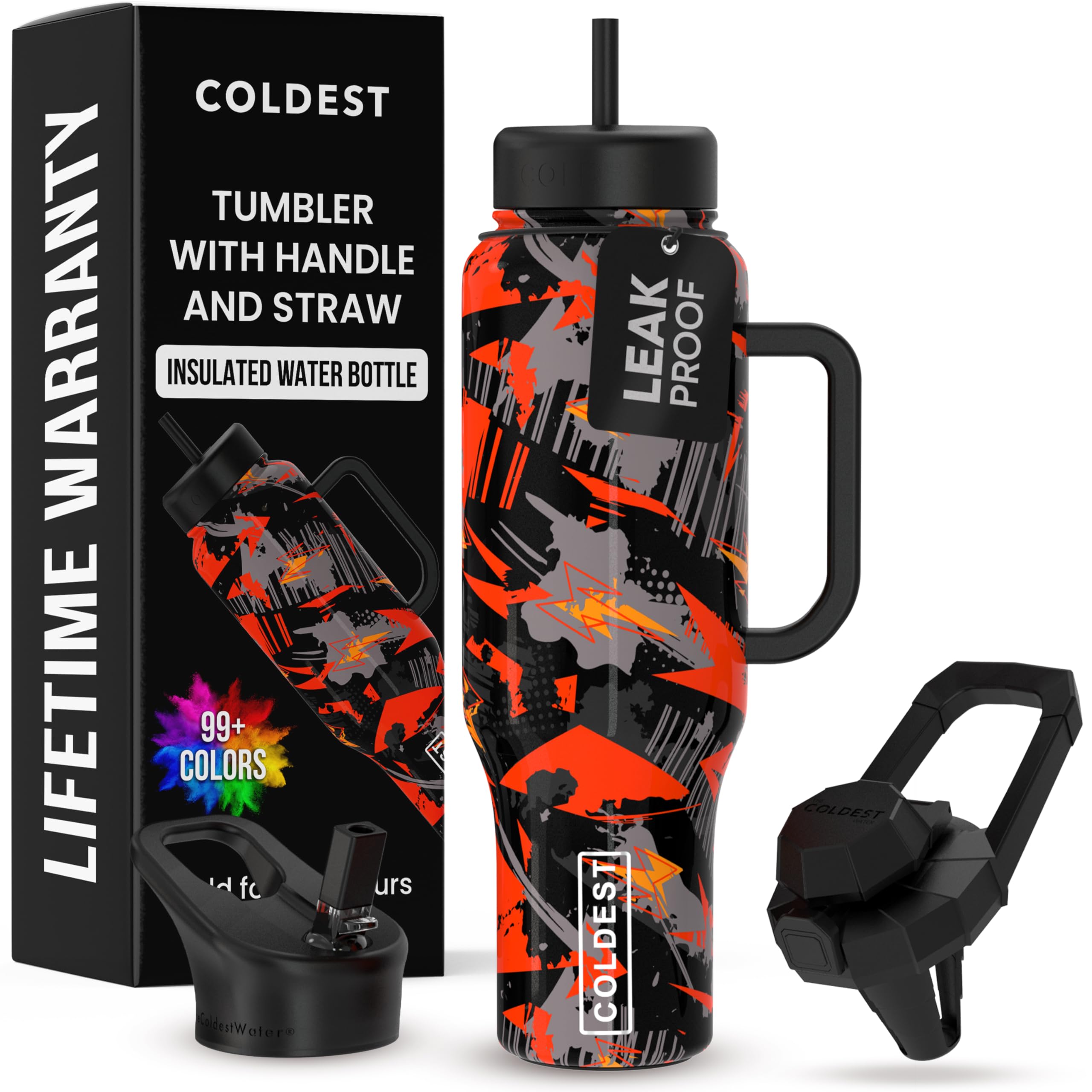 Coldest Tumbler with Handle and Straw - 100% Leak Proof Insulated Tumbler with Lid and Straw (3 Lids) - Stainless Steel Tumblers for Women & Men - Cup Holder Friendly Base, 46 oz (Savage Red)