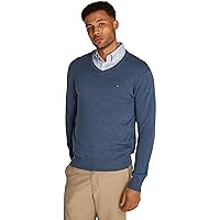 Tommy Hilfiger Uomo Pullover Essential Cotton Scollo a V, Blu (Aegean Sea Heather)
