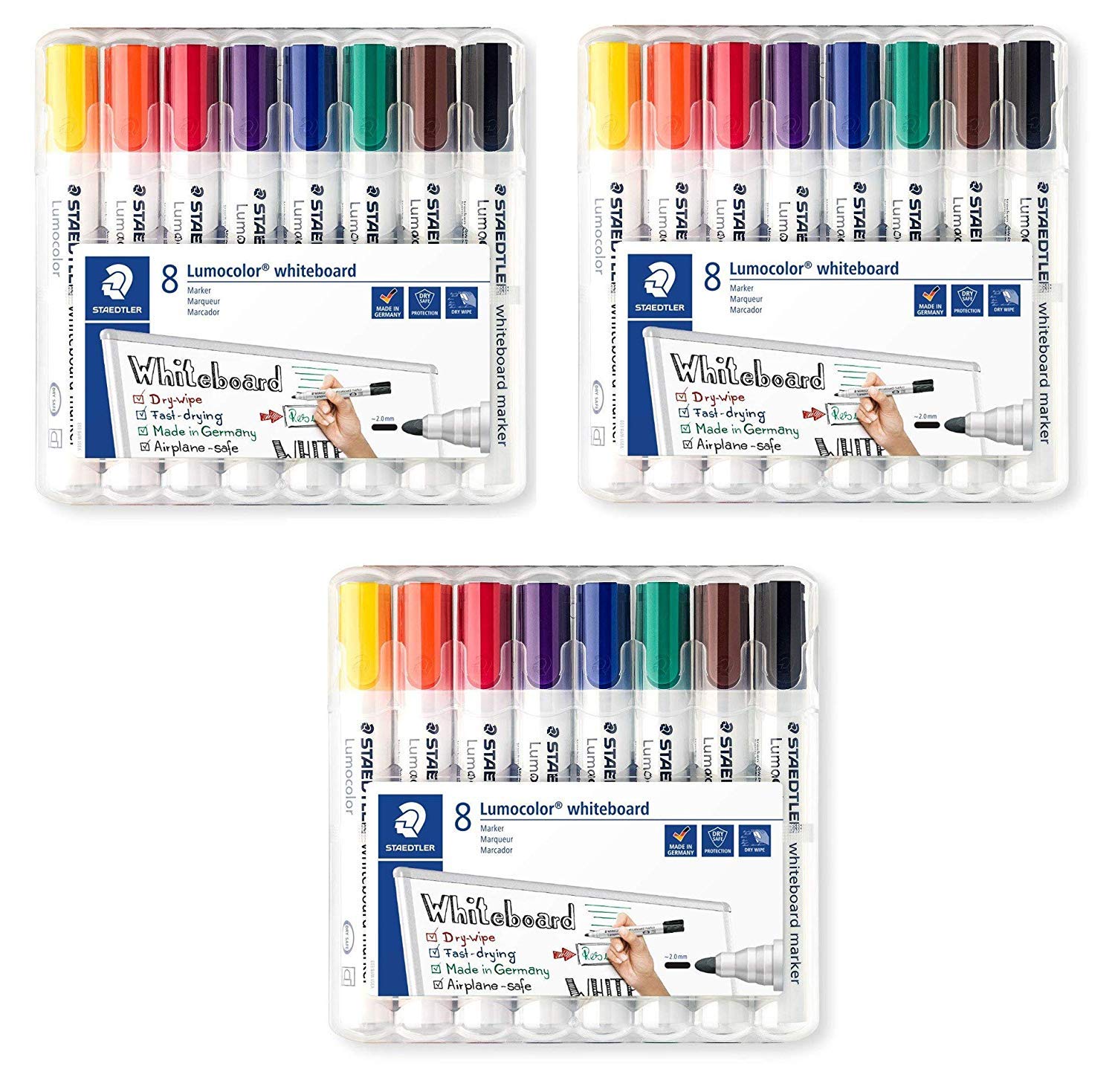 Staedtler Lumocolor 351 WP8 Whiteboardmarker, Rundspitze, 2 mm, 8 Farben (3 Packungen)