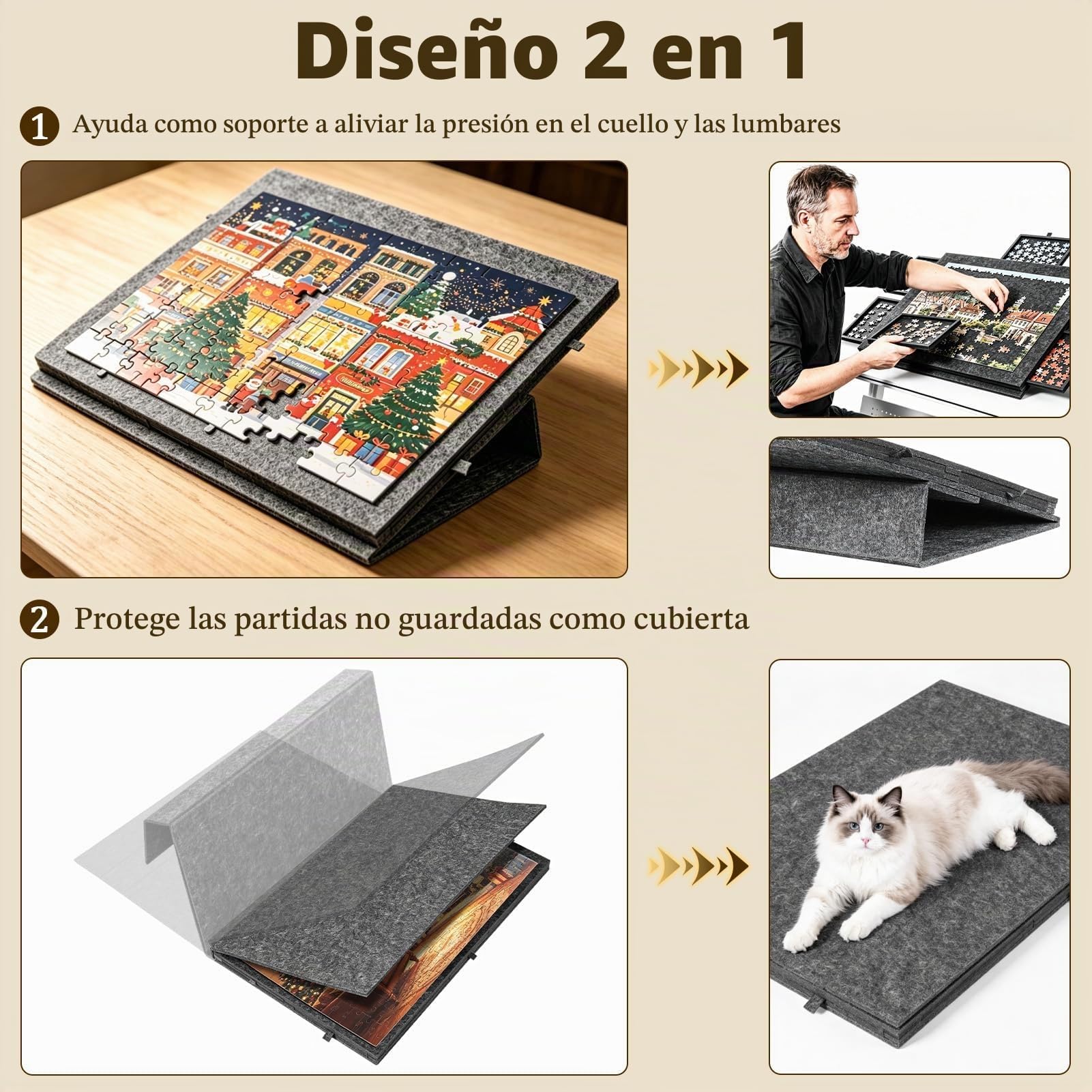 Puzzle de 77 x 53,6 cm, 2 en 1 con 6 cajones y soporte, alfombrilla de fieltro para hasta 1000 piezas, portátil, para adultos y niños, gris oscuro