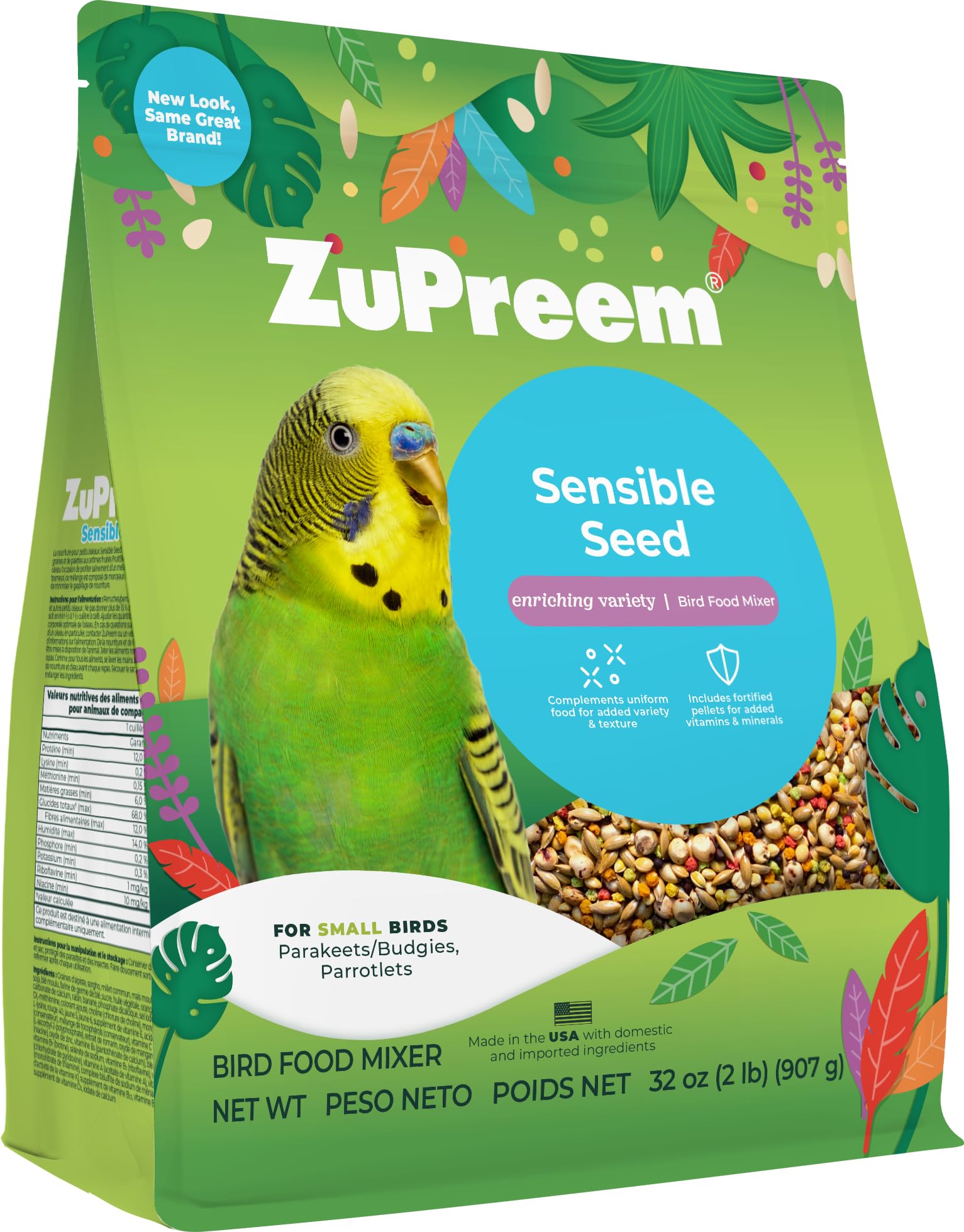 ZuPreem Sensible Seed Bird Food, Parakeet, Budgie, Parrotlet, Dove, Seed and Pellet Blend for Small Birds, Food Mixer Topper, Enriching Variety, Made in USA, Parakeet Seeds (S, 2 lbs)