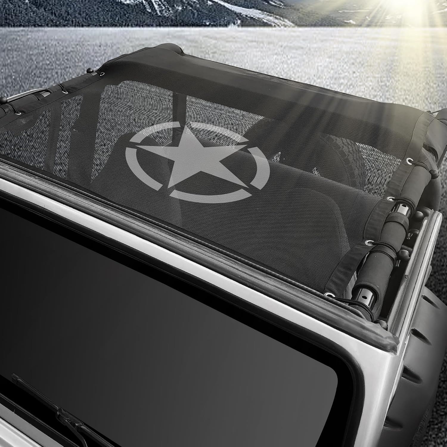 TJ Top Sunshade Roof Compatible with 1997-2006 Jeep Wrangler TJ Accessories, Mesh Bikini Jeep Wrangler Cover, Blocks UV, Wind, Noise, USA Flag (TJ-Star)
