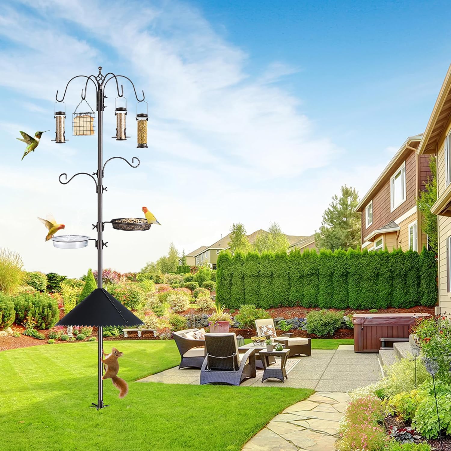 Bird Feeding Station Kit, 94 Inch Adjustable Birds Feeder Stand Pole with 6-Hook, Bird Bath and Mesh Tray, Curved Squirrel Baffle, Freestanding 5-Prong Base