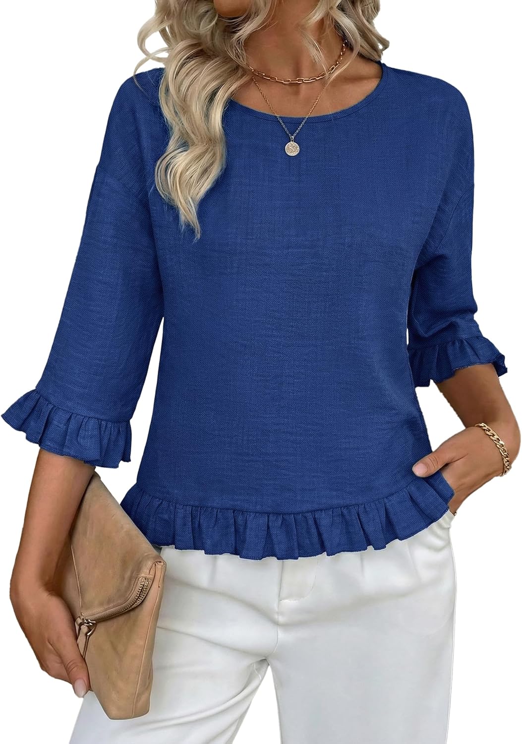 siliteelon Womens 3/4 Sleeve Tops Summer Tshirts Ruffle Flowy Crew Neck Dressy Casual Blouses 2026 Trendy Cute Work Outfits