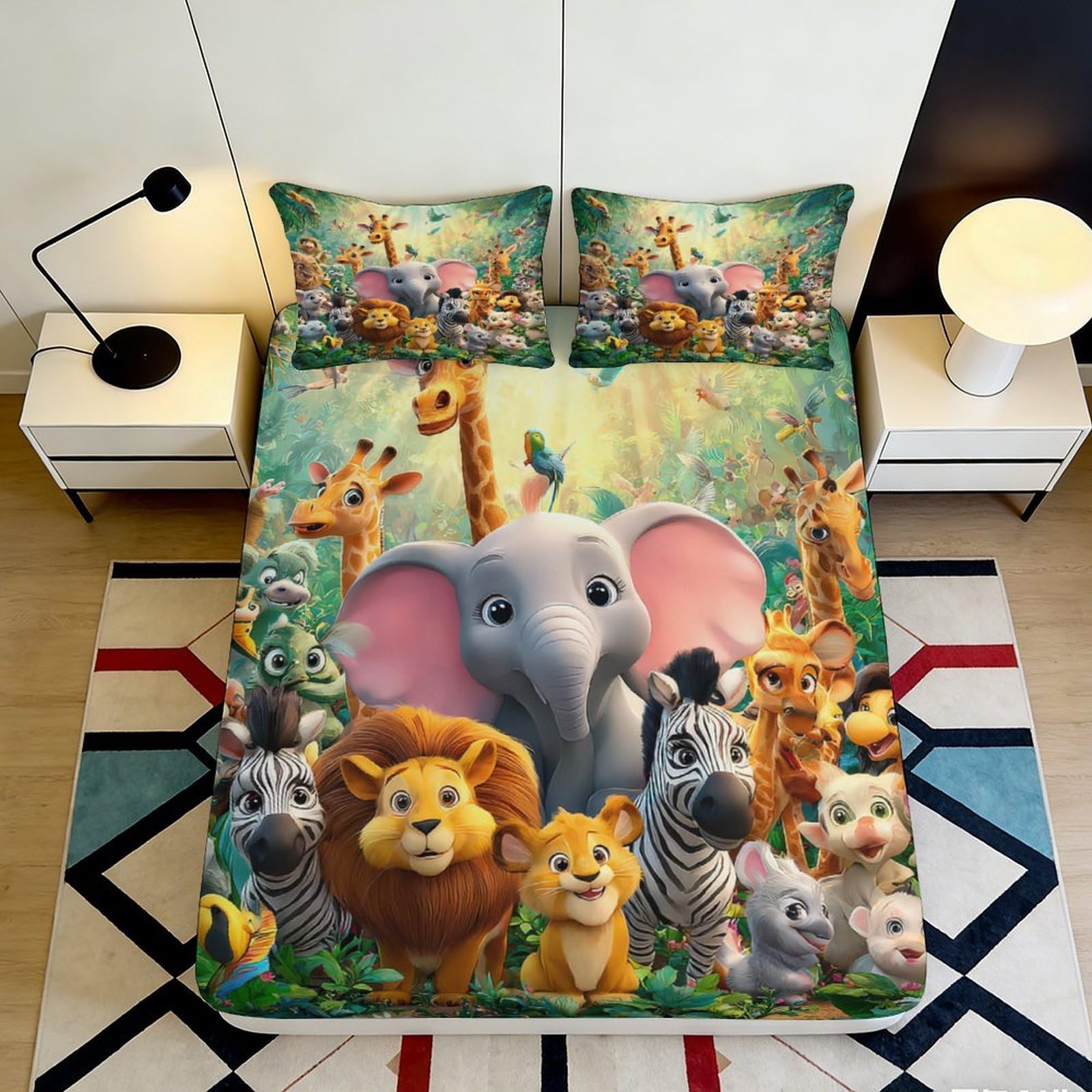 3D Printed Cartoon Animals Fitted Sheet Microfiber Non-Slip Deep Pocket Cartoon Animals Mattress Fitted Cover for Bedroom Bedding 140x200x25cm