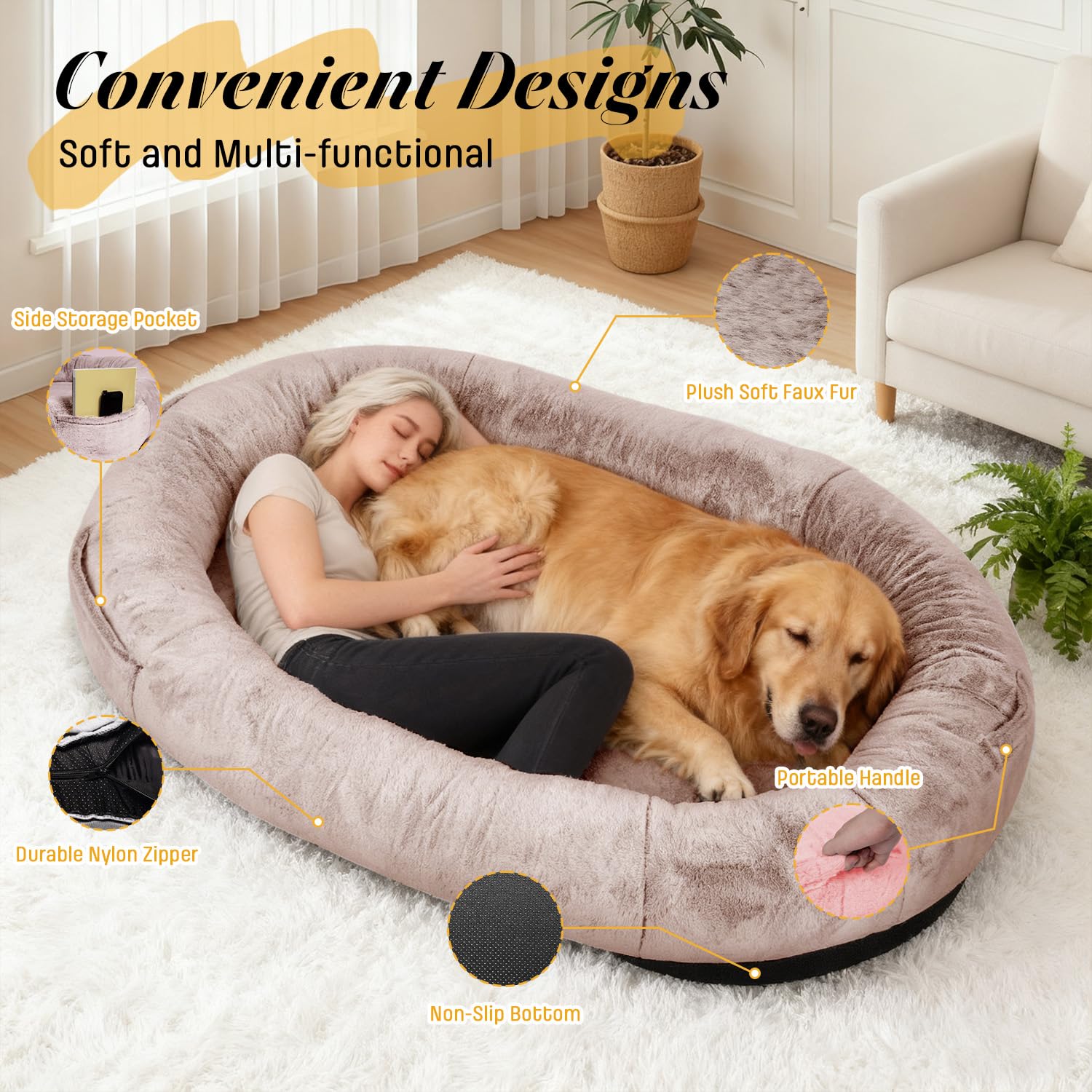 FURRYFECTION Cama para Perros para Personas, 180x114x35,6cm, Cama Grande para Perros de tamaño Humano para Adultos y Mascotas, Funda de Piel sintética Lavable, Cama Gigante para Siesta con Manta