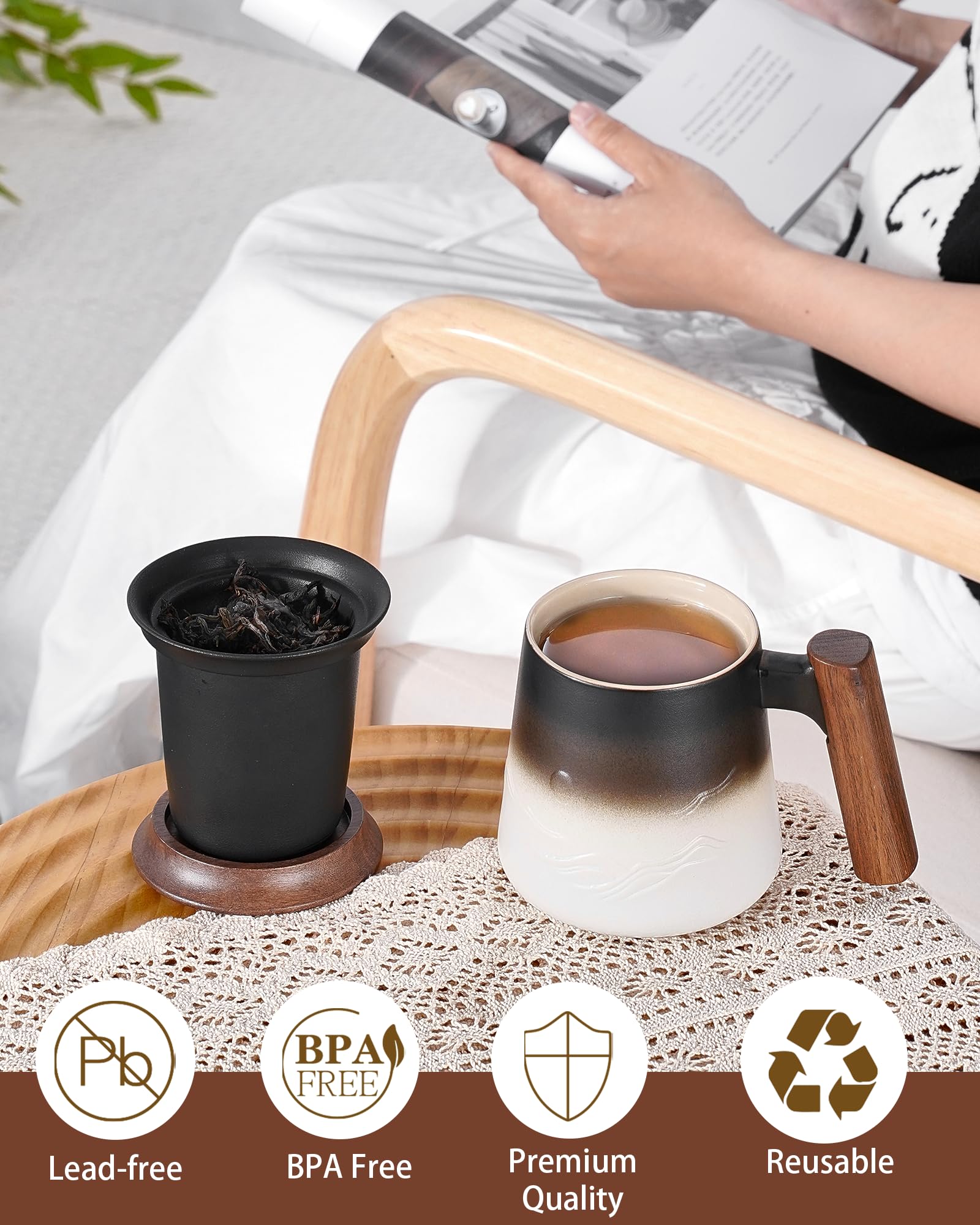 ZENS Tea Mug with Infuser and Lid 430ml Embossed Ceramic Tea Cup with Strainer for Hot Tea Diffusers Wooden Handle Loose Tea Cup - Image 2