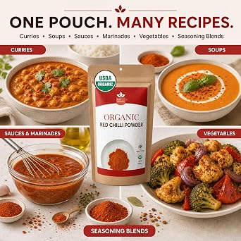 SPICY ORGANIC Red Chili Powder - USDA Certified Organic, Non-GMO - Perfect for adding a smoky, spicy flavor to soups, stews, chili, and more. No Added Preservatives and Color - 22 Servings Per Container, 4Oz (113 grams)