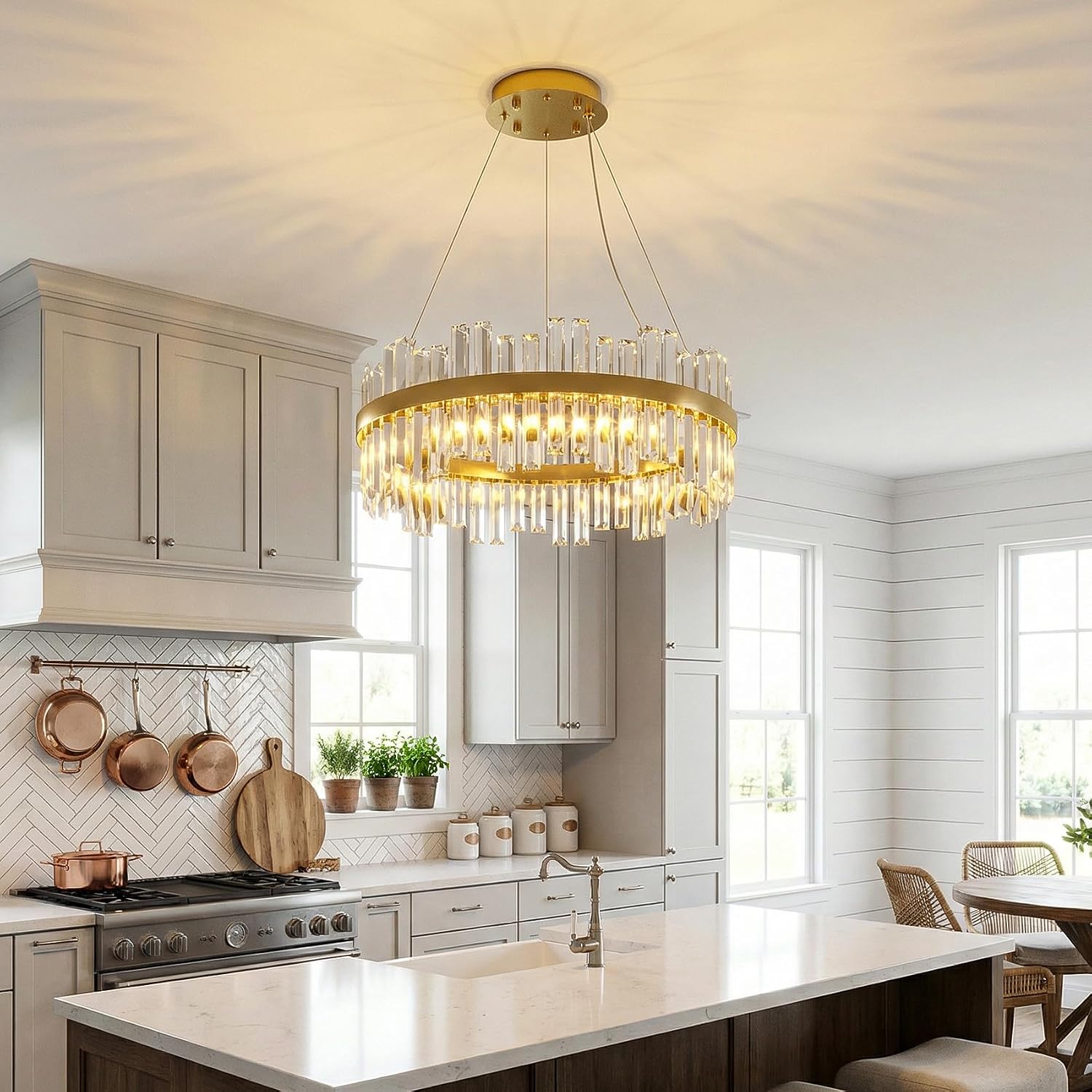Modern LED Crystal Chandelier, 23" Dimmable Gold Chandelier Light Fixture, 3 Color Changing Pendant Light for Dining Room, Kitchen Island, Living Room, Foyer Crystal Light