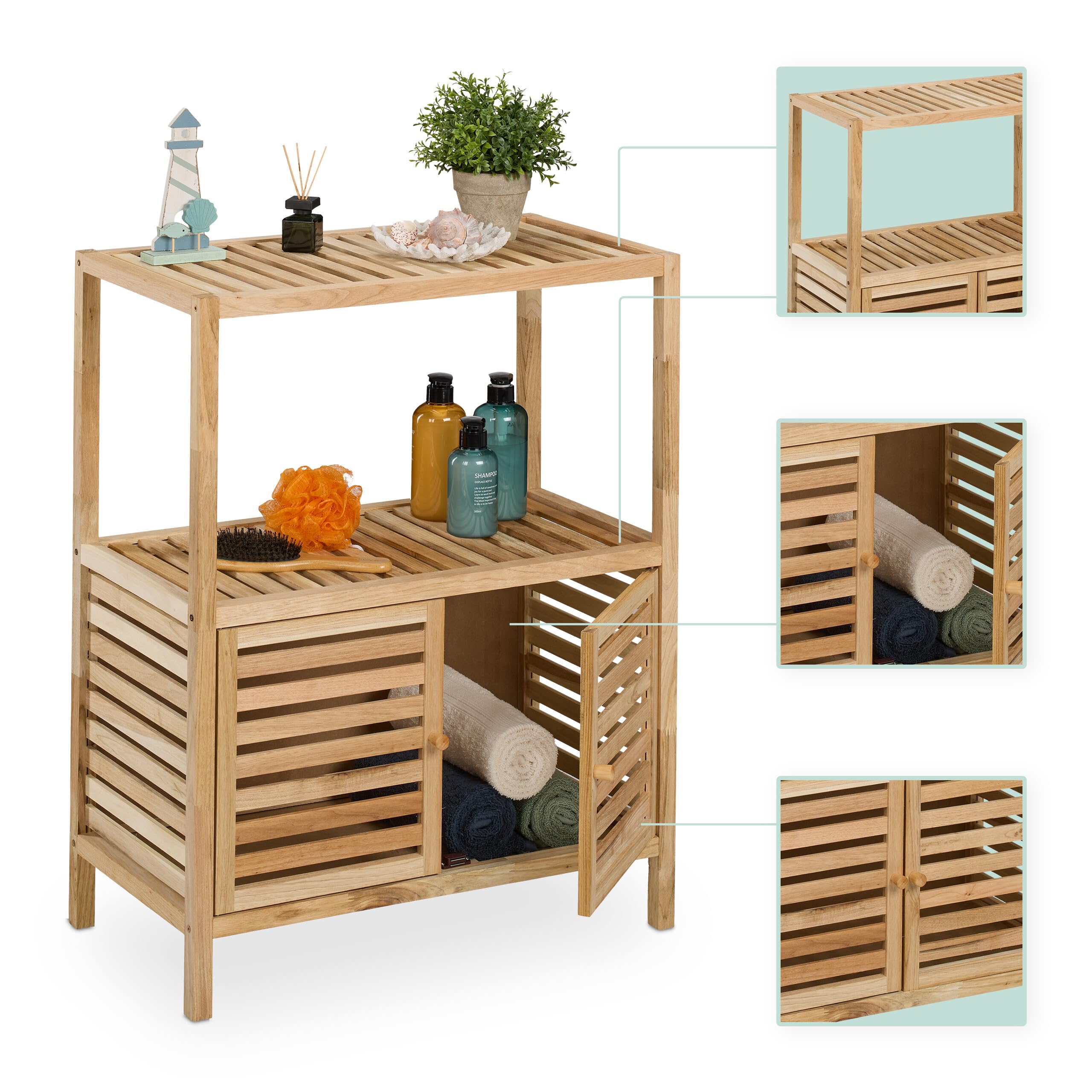 Relaxdays Mueble de Baño, Madera Nogal, 86x67,5x35,5 cm, Estantería Aseo con 2 Puertas, 2 Baldas, WC y Cocina, Natural