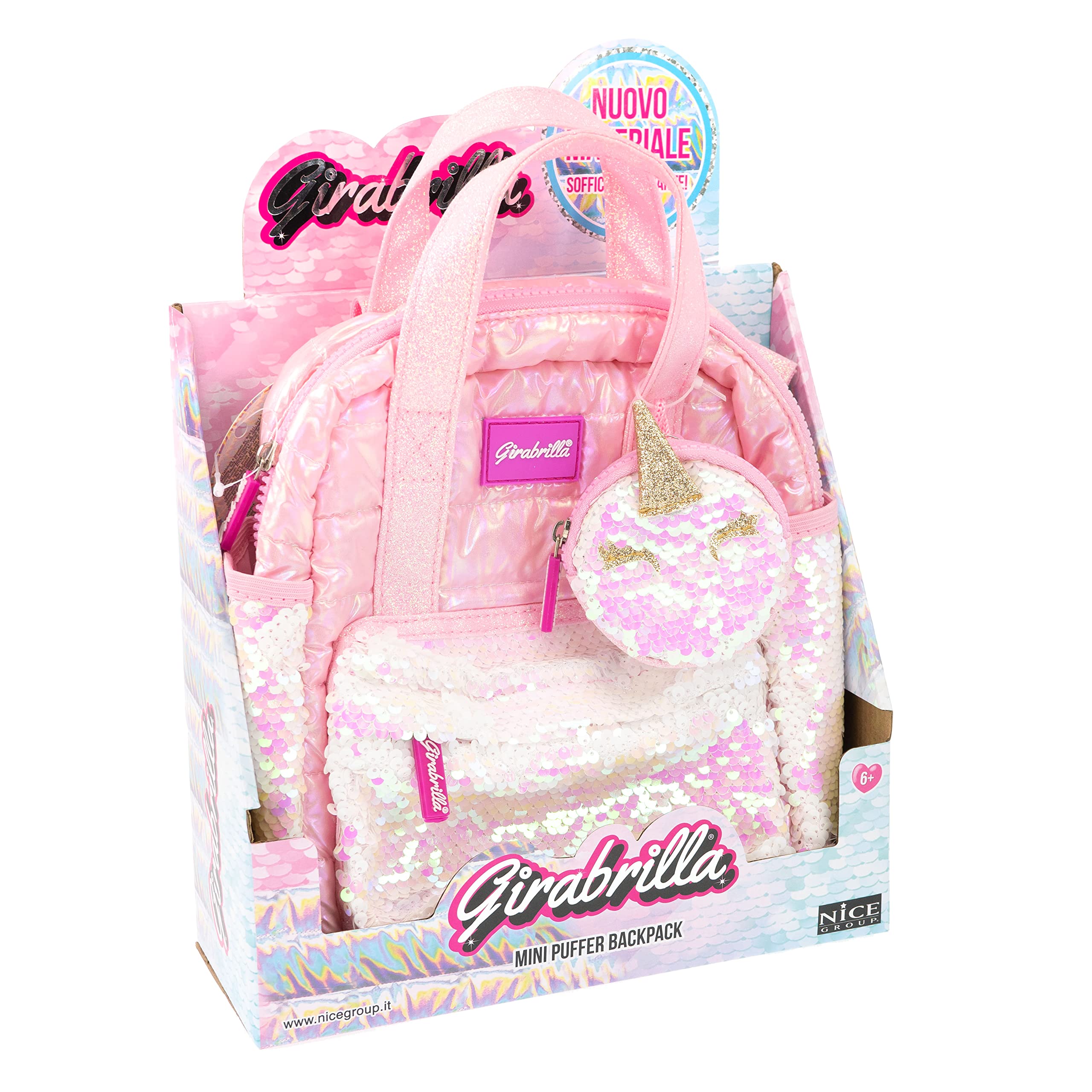 Nice Group - Girabrilla Puffer Mini Zainetto Unicorno per Bambine, con Tasche e Porta Monete in Paillettes