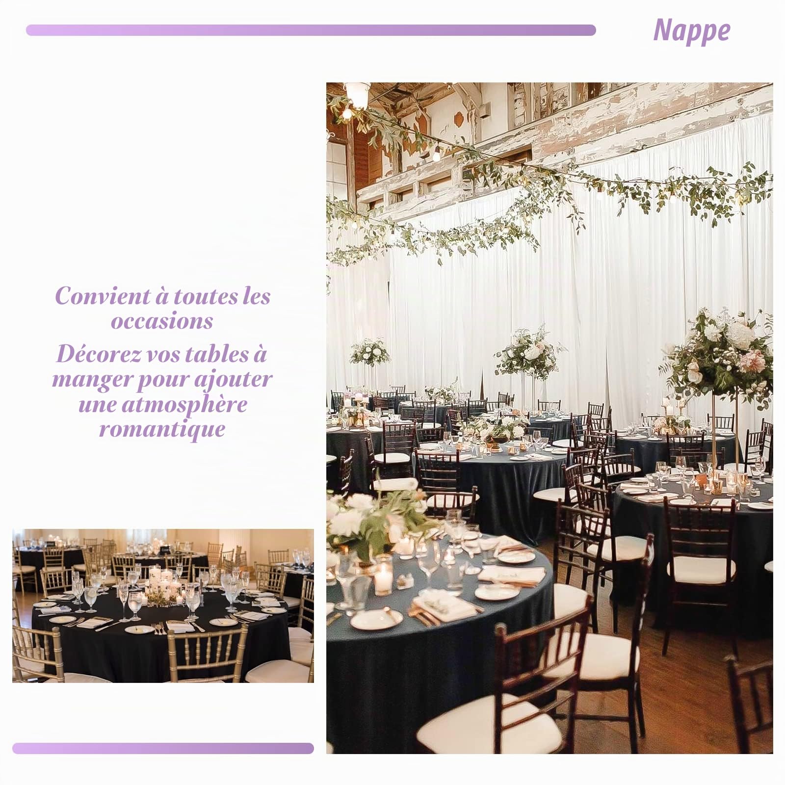 Showgeous Lot de 4 Nappes Rondes Noires 305cm en Tissu Polyester Lavable pour Mariage, Banquet, Buffet, Restaurant