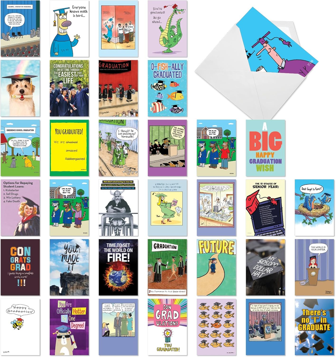 NobleWorks 36 Assorted Box Set Graduation Greeting Cards (Graduate) w/ 5 x 7 Inch Envelopes for Men and Women (36 Designs, 1 Each) School's Out AC8467GDG-B1x36