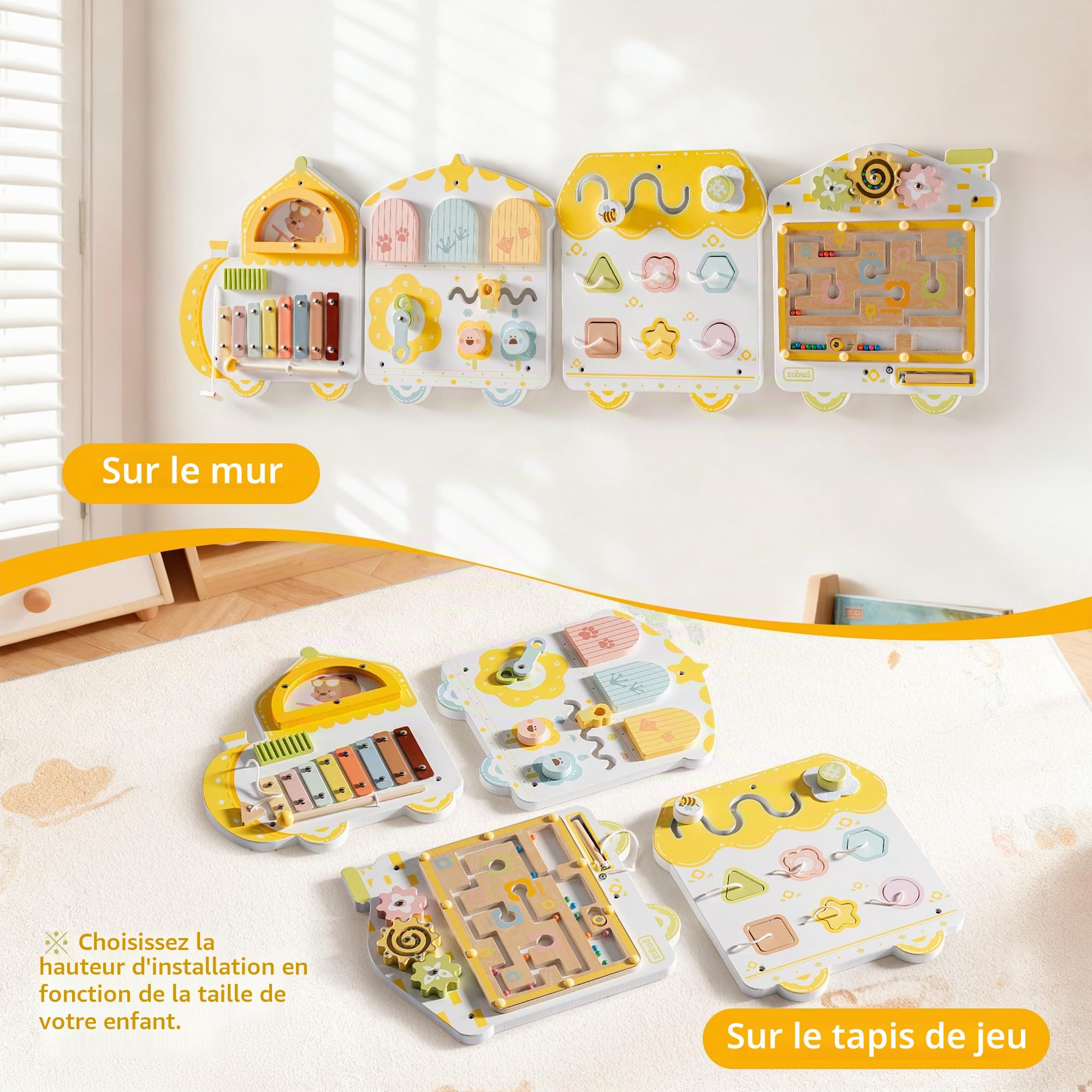 ROBUD Montessori Busy Board à partir de 18 Mois – Tableau d'activités Mural 12 en 1 en Bois avec Xylophone, Tambour, Tableau météo, Horloge, Formes, Engrenages et Labyrinthe magnétique