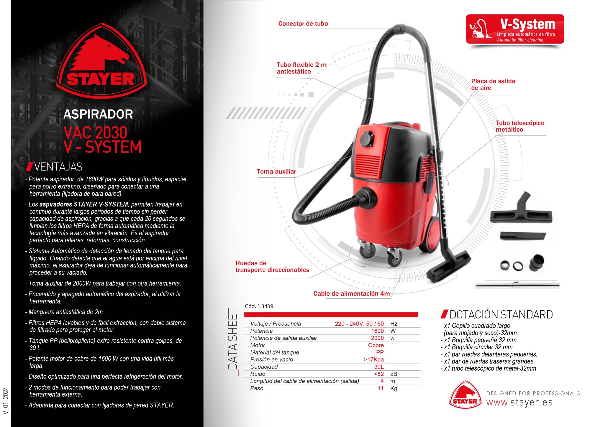 Stayer Potente Aspirador de 1600W para sólidos y líquidos, Especial para Polvo extrafino, diseñado para conectar a una Herramienta (lijadora de para Pared). Vac 2030 V - System