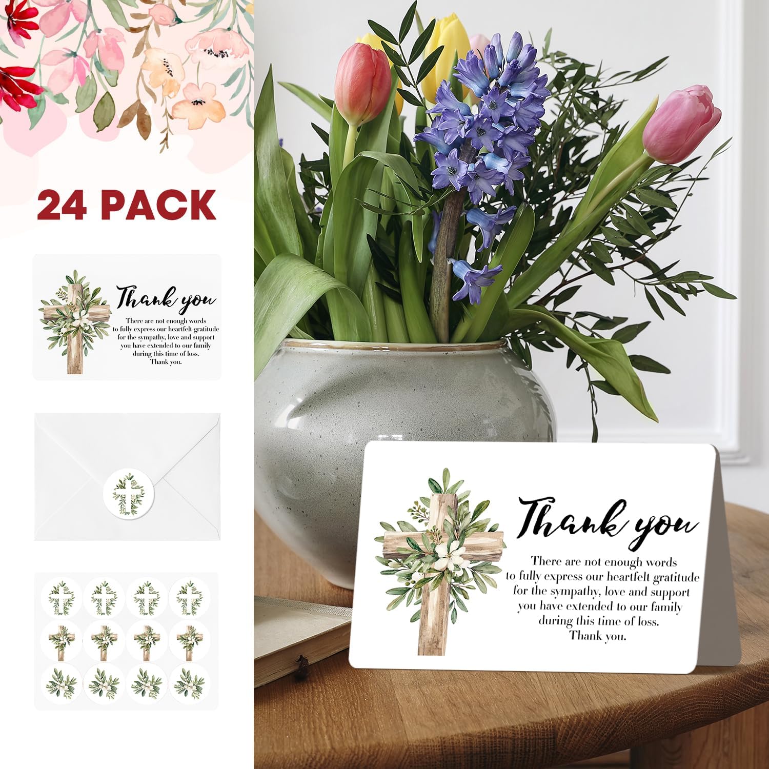 Artoid Mode 24 Pack Wooden Crosses Olive Leaf Spring Thank You Flower Cards Greeting Cards Gift With Envelope Sticker Blank Note Cards for Birthday Wedding Baby Shower Bridal Shower, 4 x 6 Inch - Image 2