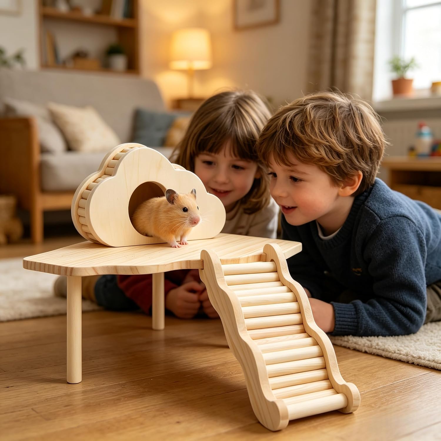 Hamster Cage Accessories, 3 pcs Wooden Platform Set, Hamster Wooden House Hideout, Wood Ladder Bridge, Climbing Toys, Small Animals Habitat Decor for Dwarf Gerbil Mouse Mice Rat and Other Small Pets