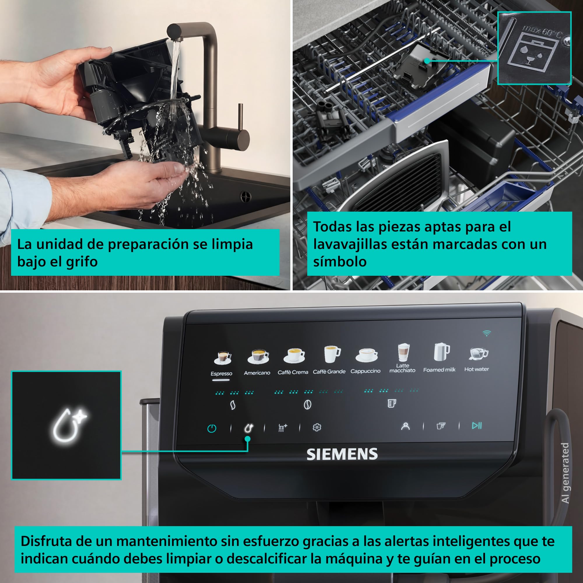 SIEMENS, Cafetera superautomática EQ500 iAroma, tactil, Negro, TP553E19 | Prepara dos tazas a la vez, personaliza tu bebida favorita con un toque y controla todo desde el móvil. Limpieza fácil.