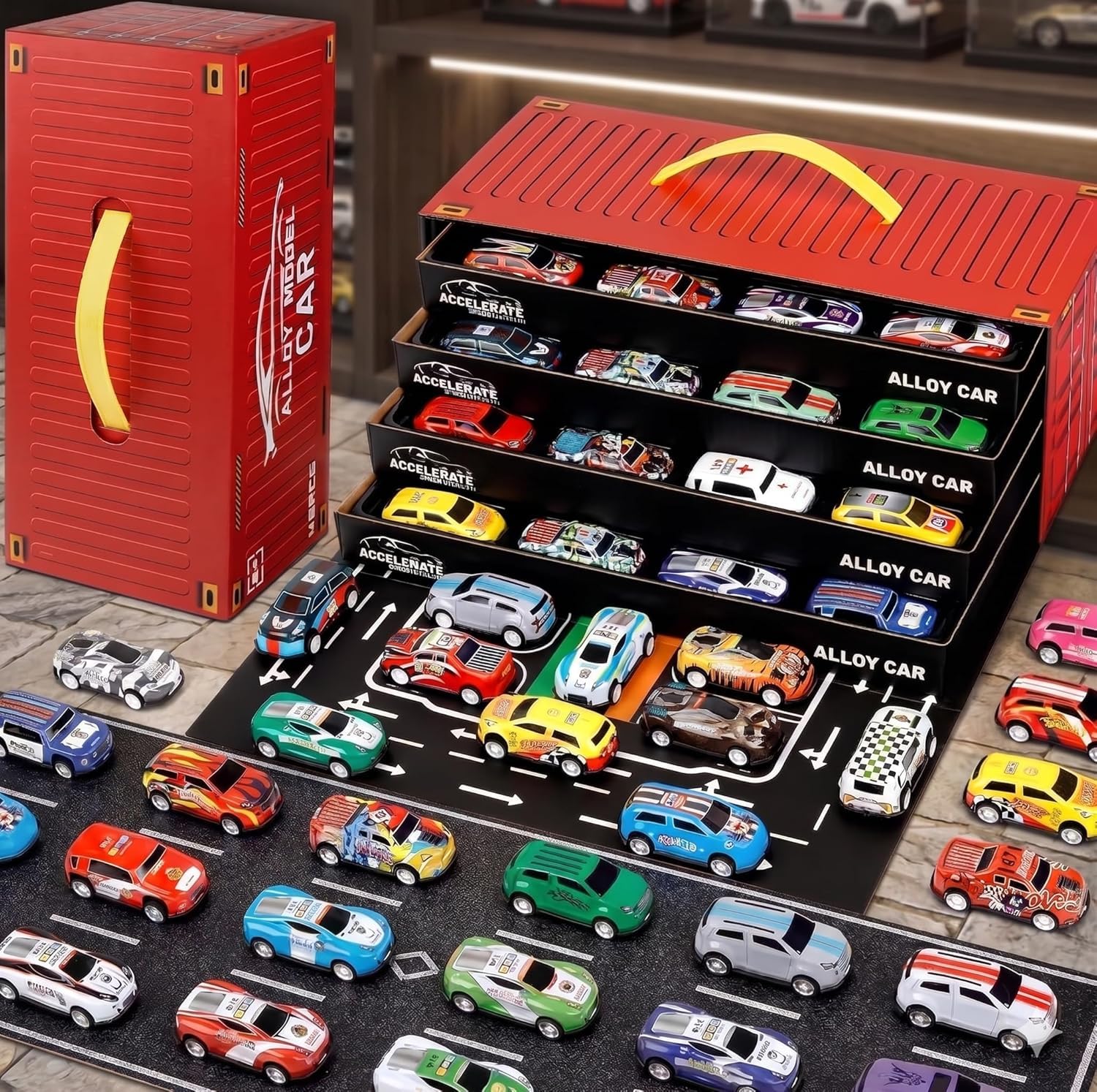 Finalize Toy Cars for Kids,48pcs Mini Alloy Die-Cast Cars Set with Storage Box,Assorted Metal Pull Back Vehicles Toy for Kids, Boys & Girls Ages 3+,Birthday Gift,Travel & Play (Car Track)