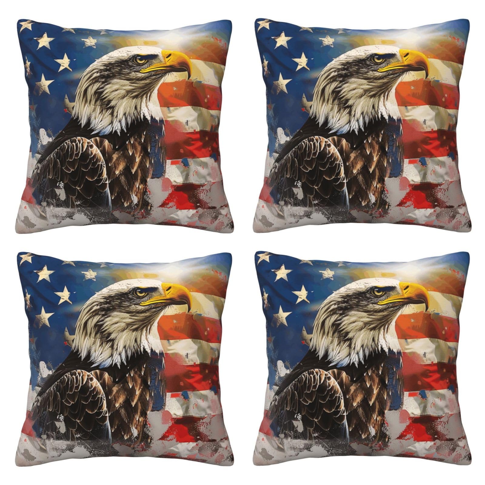 Flag and Eagle Art Throw Pillow Cases 4 Pack Square Pillowcases Super Soft Pillow Protectors With Zipper for Couch Livingroom Sofa Bed Office Car,50x50 CM