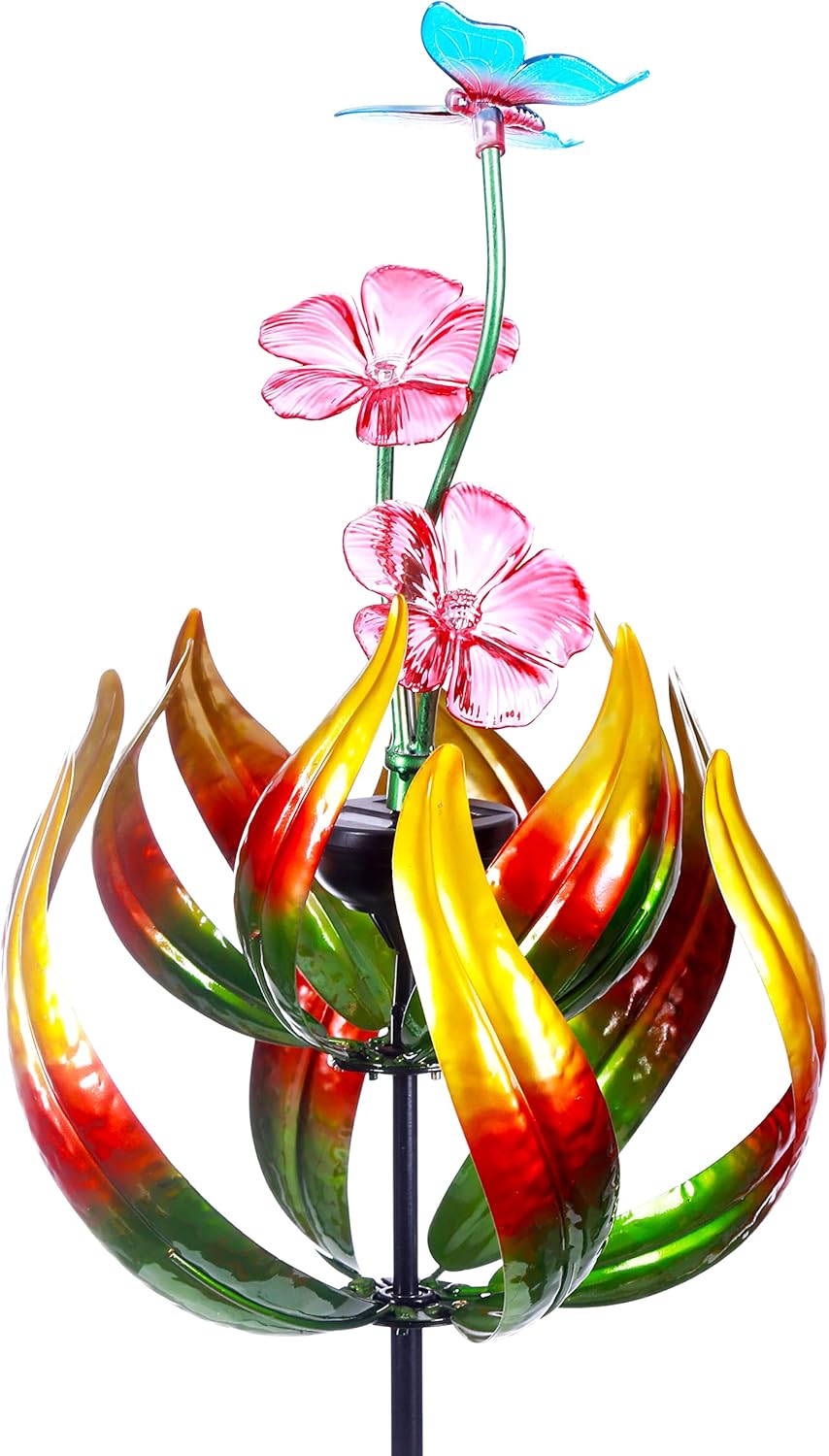Solar Hummingbird Tulips 69 Inch Wind Catcher for Yard Kinetic Wind Spinner with Garden, Metal Windmill-Kinetic Garden Decoration, 360 Swivel Hummingbird Tulips Outdoor Wind Sculpture Spinners