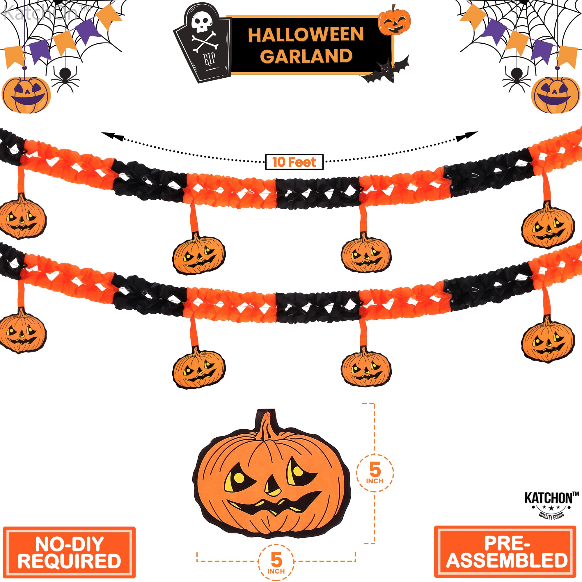 Halloween Kürbis-Girlande 3 M – Schwarz-orange, 3 Stränge, Papier, Vormontiert