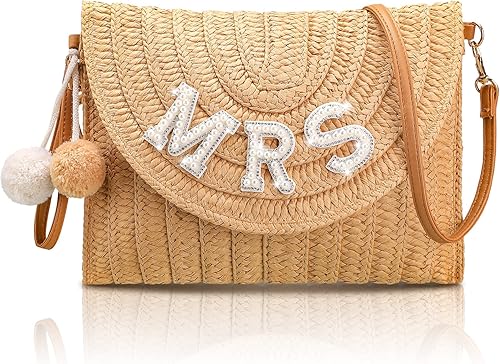 Pinkunn Bride Gift Straw Shoulder Bag Clutch Rhinestone Letter Purse Beach Bachelorette Honeymoon Wedding Bridal Shower Bride Gift, Straw,