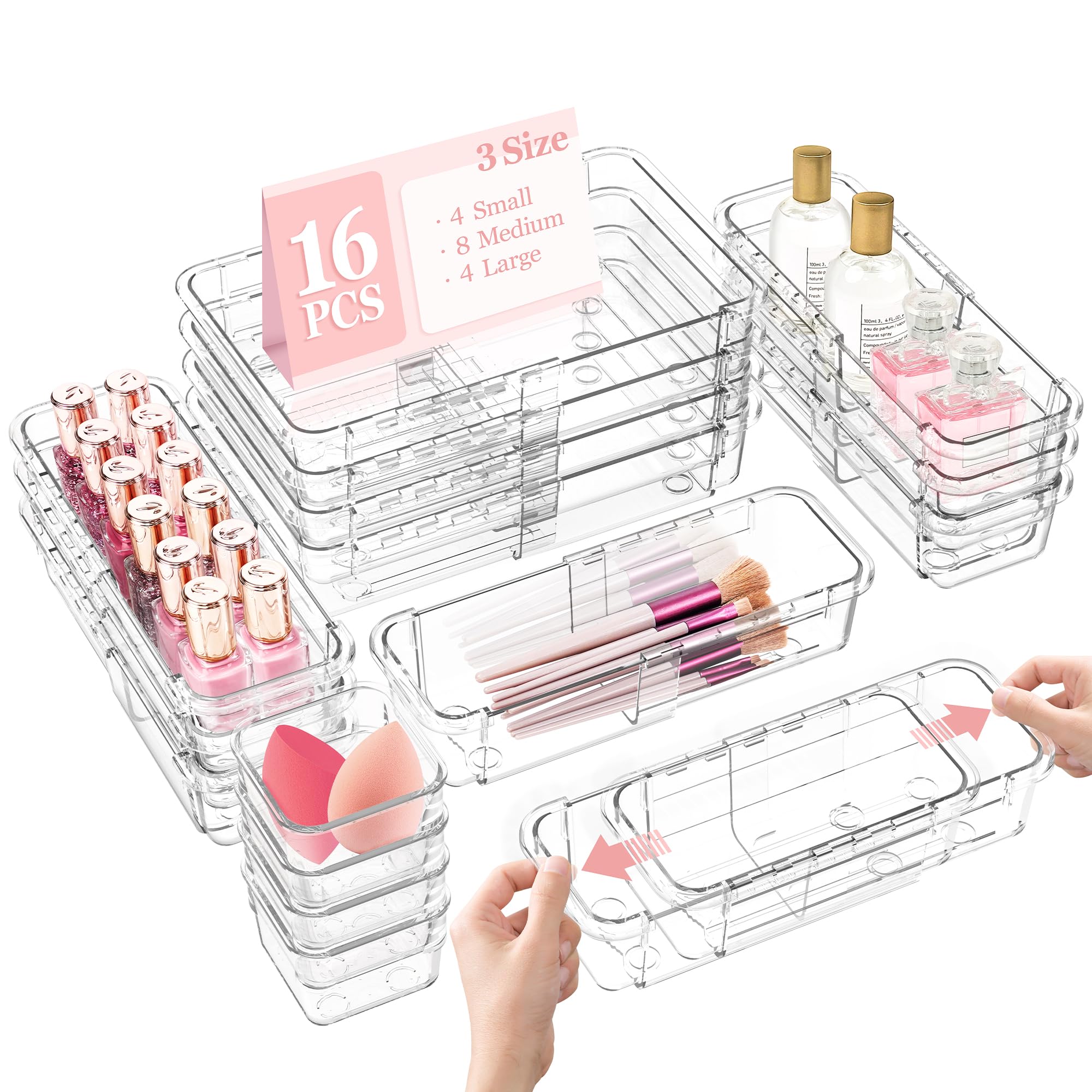 DILIBRA 16 Pcs Clear Extendable Drawer Organizer, 3-Size Adjustable