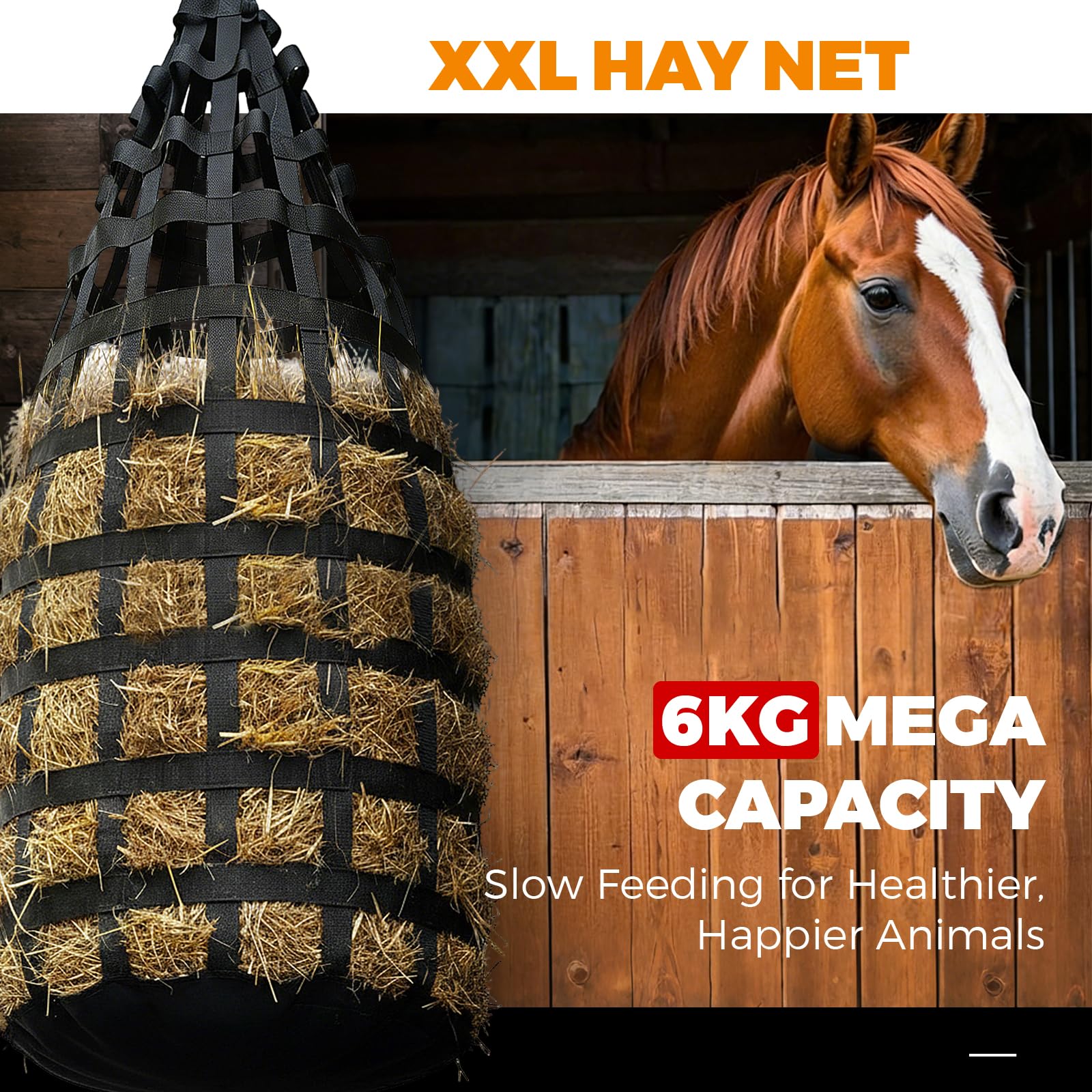 Red de heno Grande para Caballos, con Capacidad para 6 kg de heno, portátil, de 6 x 8 cm, Resistente y Duradera, para Caballos, ovejas y Ganado (Negra, 45 x 90 cm)