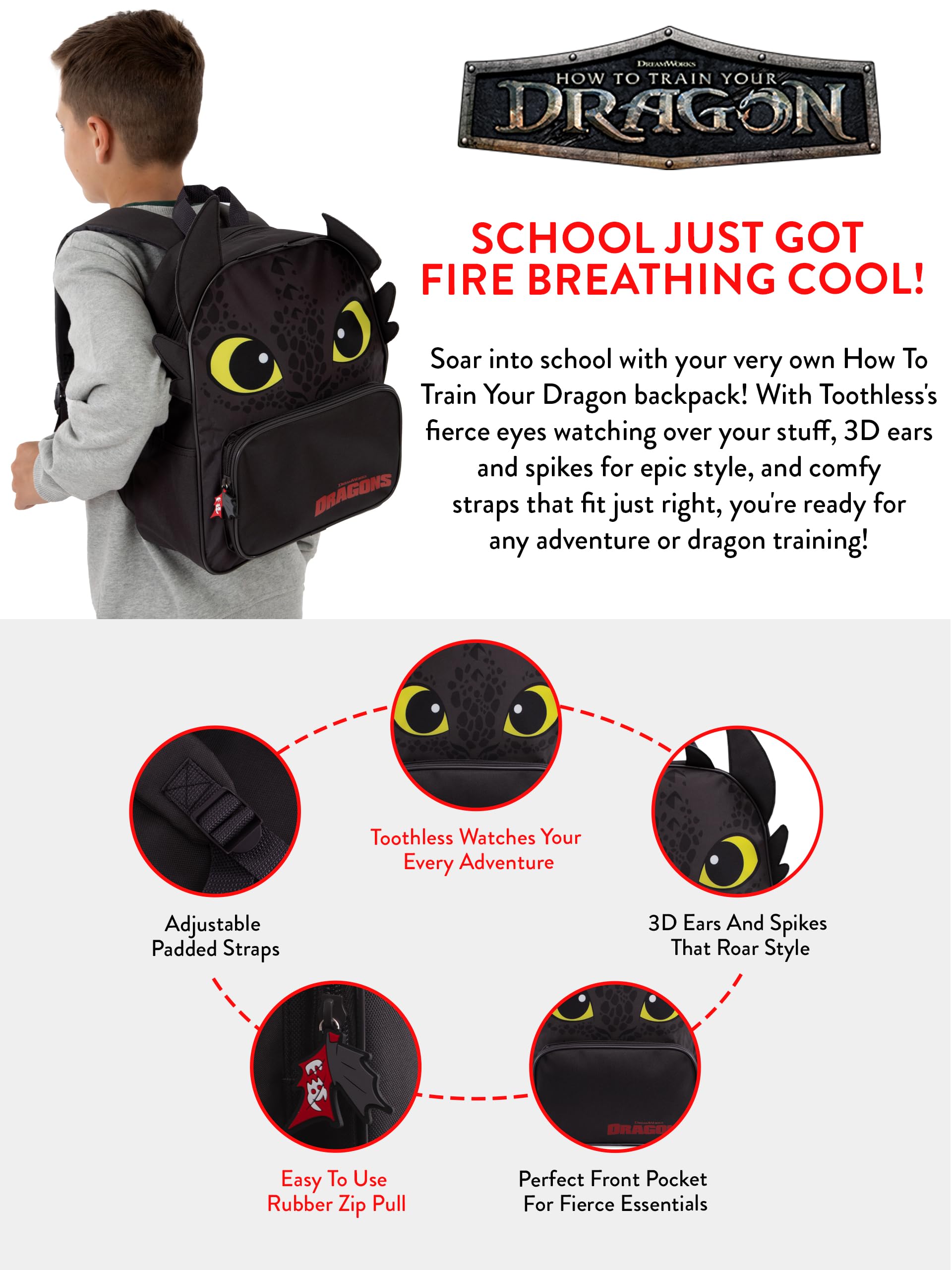How To Train Your Dragon Sac à Dos Enfant, Sac A Dos Garçon Toothless, Cartable Garcon Primaire Dragon, Taille Unique Noir