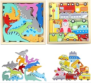 Kvittra Dinosaur Stacking Toy Oceans Stacking Toys Wooden Blocks Stacking Toys, Animal Shaped Balance Stacking Toys, Educational Learning Toys, Birthday Gifts Toys (Dinosaur+Car)