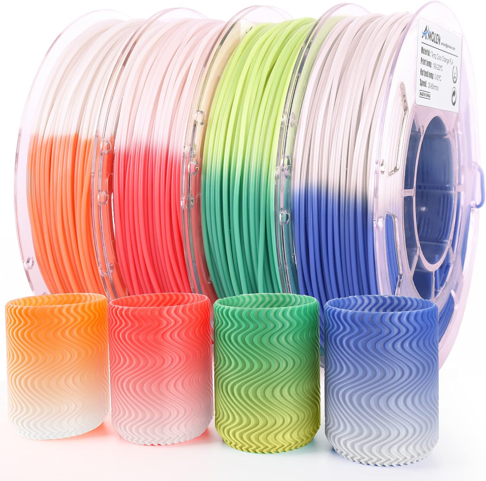 AMOLEN 3D Printer Filament Bundle, PLA Filament 1.75mm Bundle,Color Change with Temperature Filament, 3D Printing Filament +/- 0.03mm, Green/Blue/Red/Orange, 200g X 4 Spools Pack