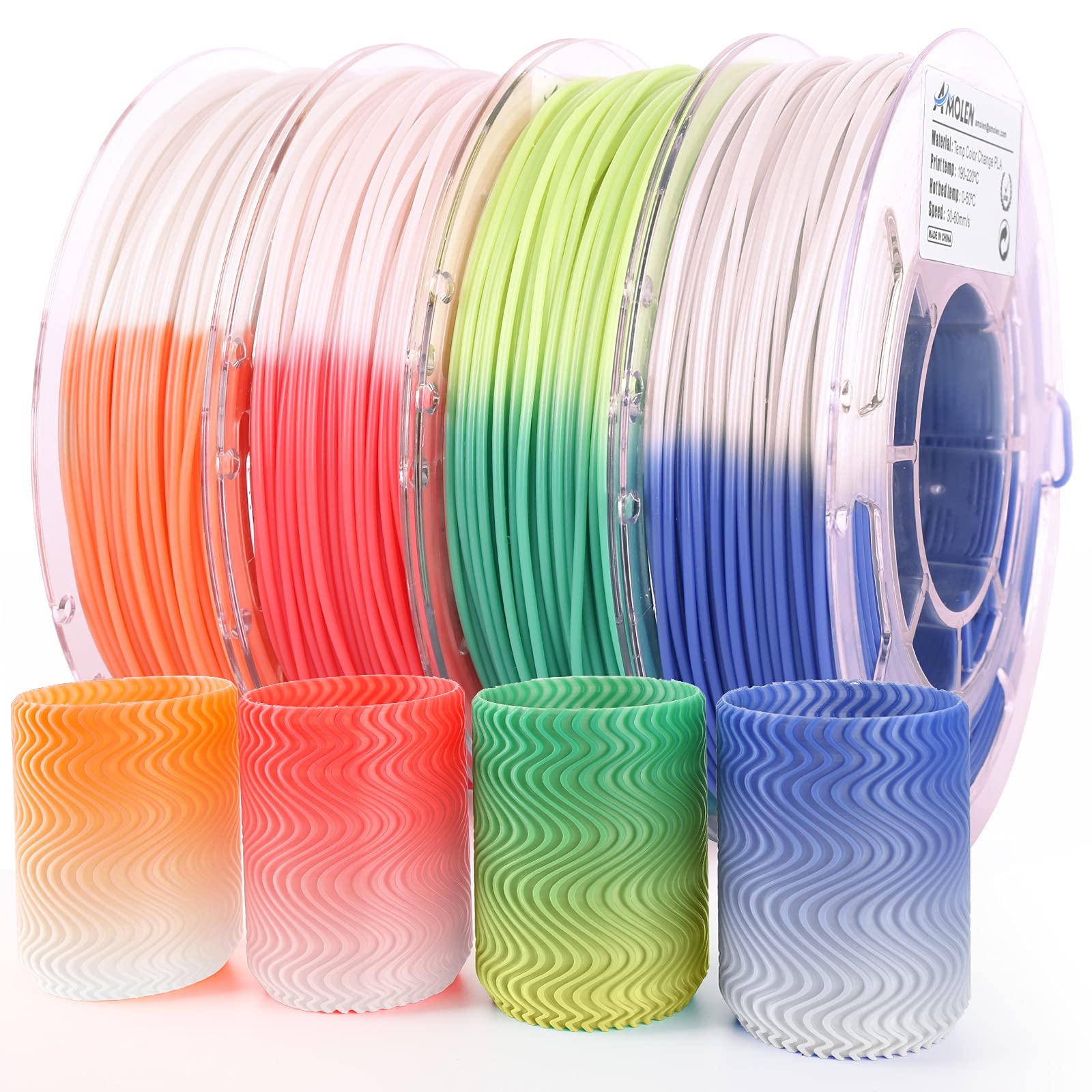 AMOLEN 3D Printer Filament Bundle, Temp Change PLA Filament 1.75mm Bundle,Color Change with Temperature Filament Sets, 3D Printing Filament +/- 0.02mm, Green/Blue/Red/Orange, 200g X 4 Temp Color Change Green/Blue/Red/Orange