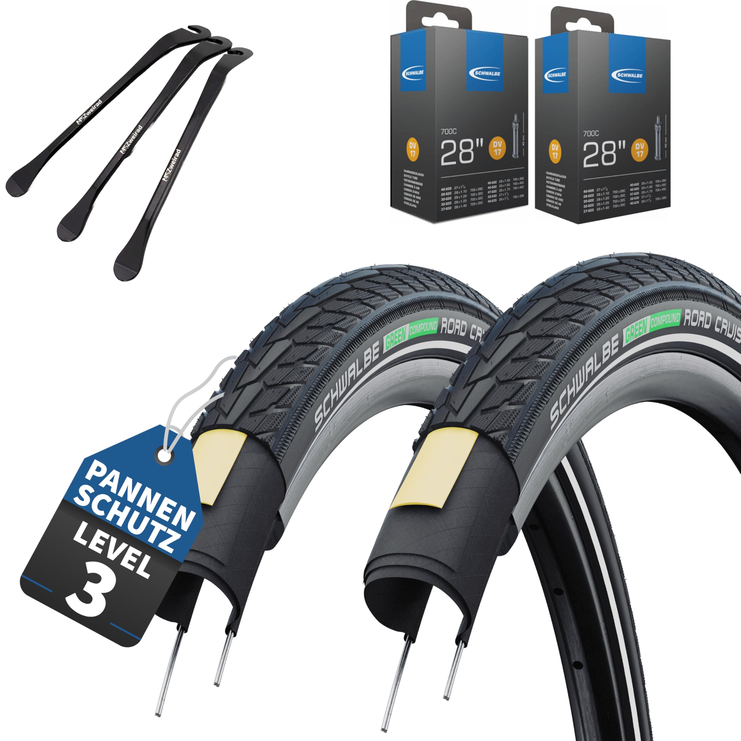 Schwalbe Road Cruiser Fahrradreifen Schwarz Reflex 28 x 1,60 Zoll (42-622) + AV | DV | SV + MSZweirad Reifenheber (DV-Ventil Schläuche, 28x1,60 Zoll (42-622))