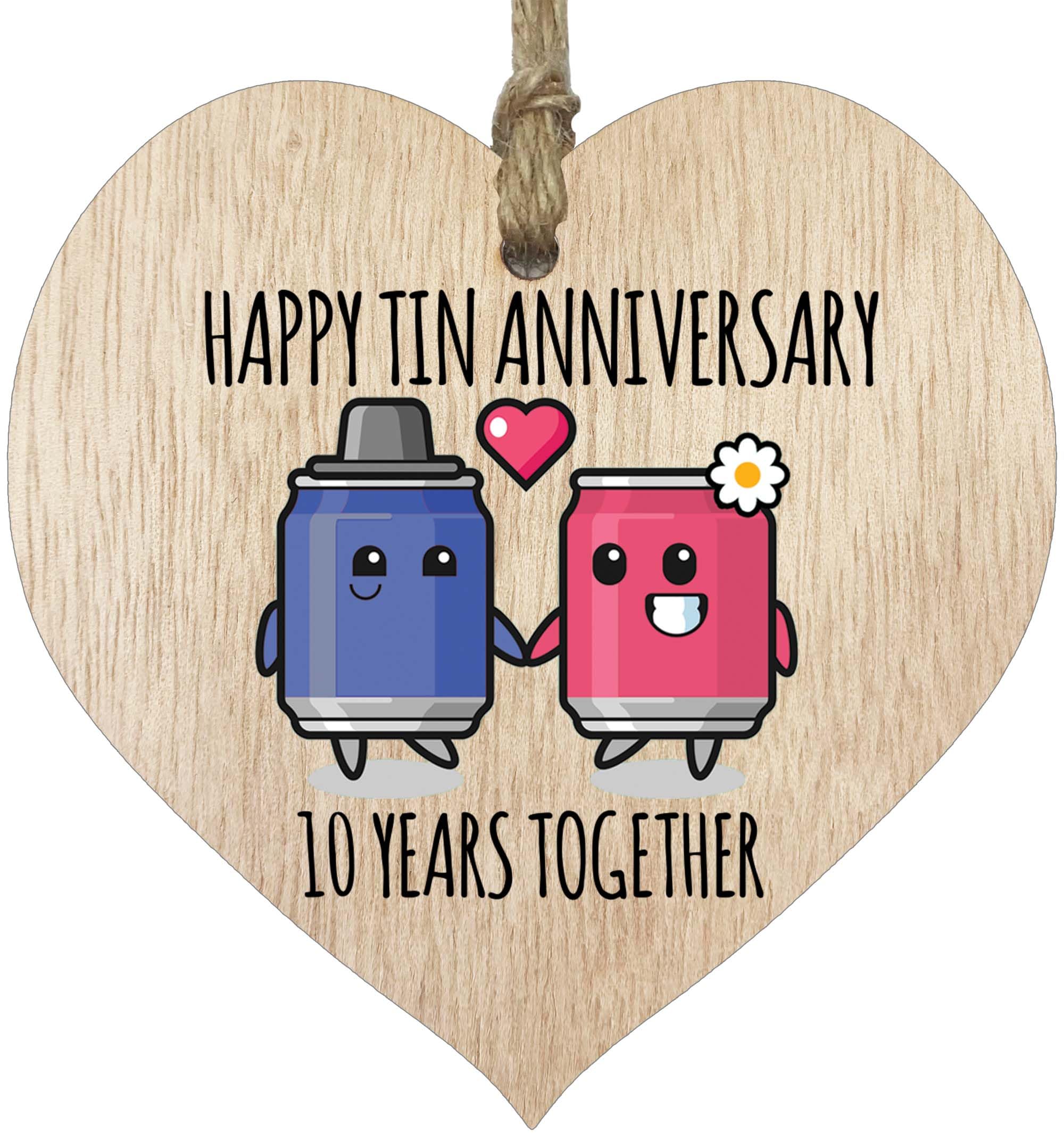 10th Wedding Anniversary Plaque Gift for Husband Wife - 10 Years Together - Happy Tin Anniversary Wooden Heart for Women Men Partner, Light Wood Sign Keepsake Gifts