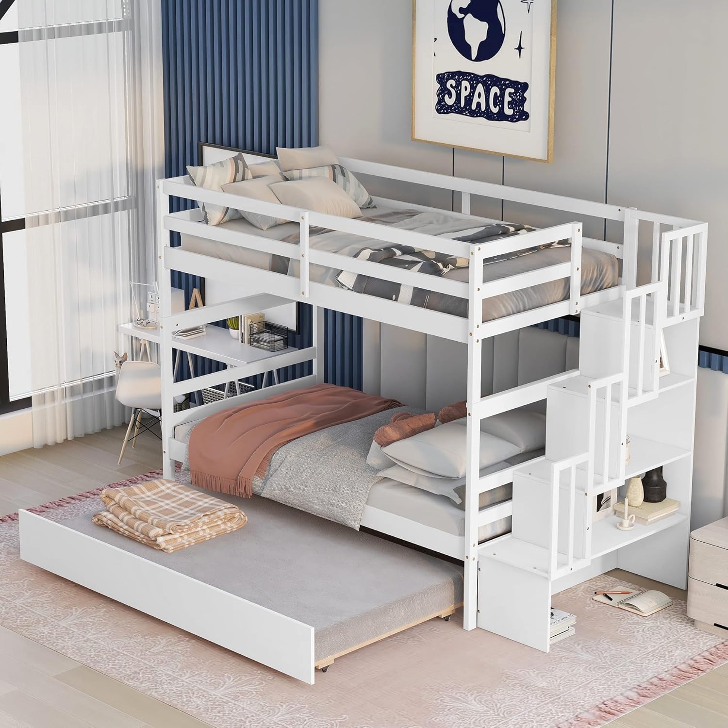 Harper & Bright Designs Twin Over Twin Bunk Bed with Stairs and Trundle, Solid Wood Bunk Bed Frame with Storage, Can be Divided Into Two Beds (White)
