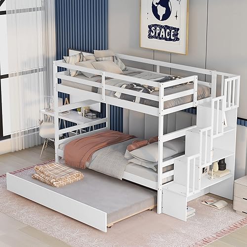 ERDAYE Marco de litera de madera individual sobre individual con nido y escalera que trae estantes de almacenamiento color blanco