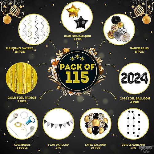 Miniatura 2 de KatchOn, Juego de decoraciones de graduación en negro y dorado 2024, paquete enorme de 115  Kit de arco de globos de graduación 2024, fondo de