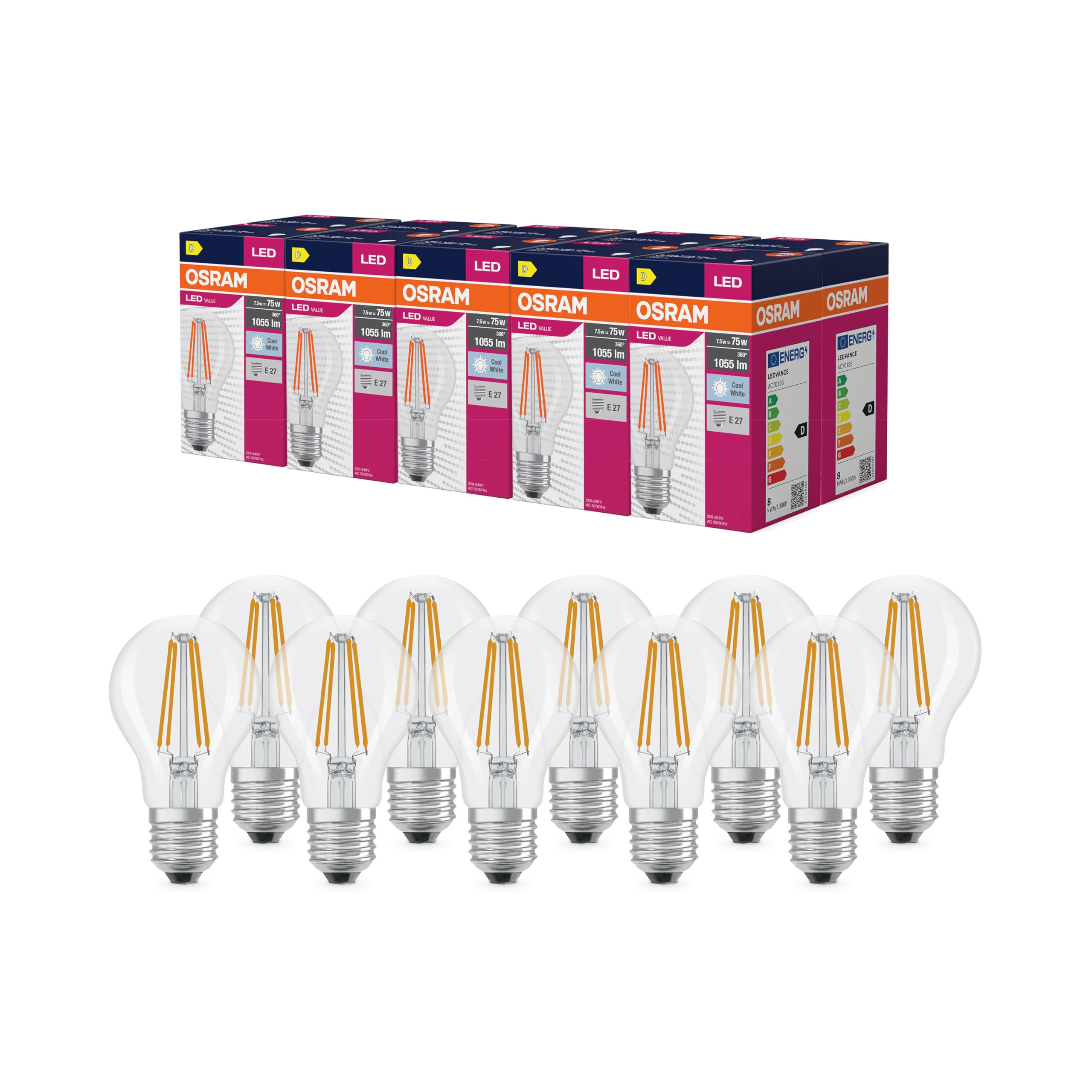 Osram LED Superstar Classic Plus Lampe für Anwendungen im Haushalt, bleifreies Klarglas, 7.5 W, 1055 lm, kaltweißes Licht (4000 K), E27 Sockel, 60 mm Durchmesser, CRI 80, nicht dimmbar
